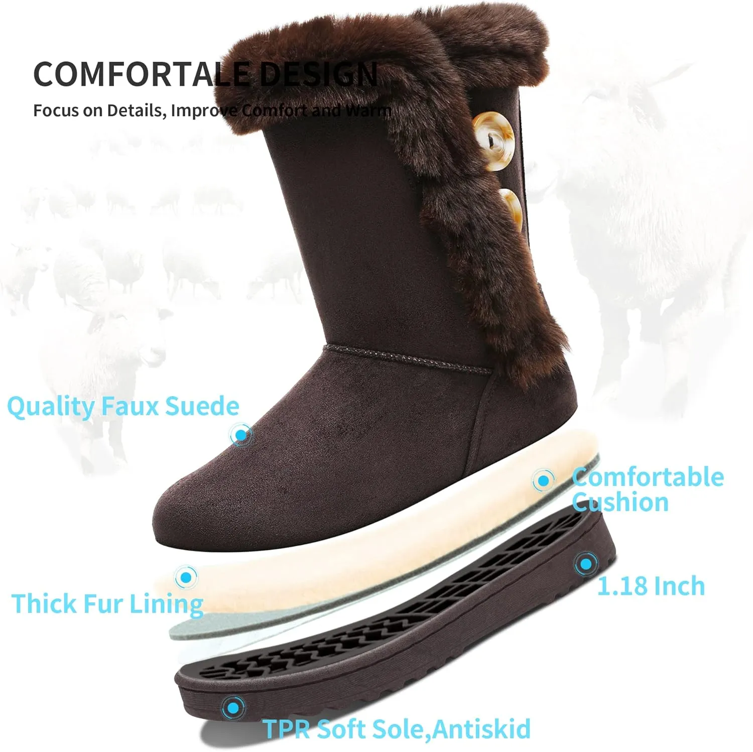 Obtaom Women’s winter snow boots Short Mid Calf fashion boot Art Resin button Faux Suede boots for women