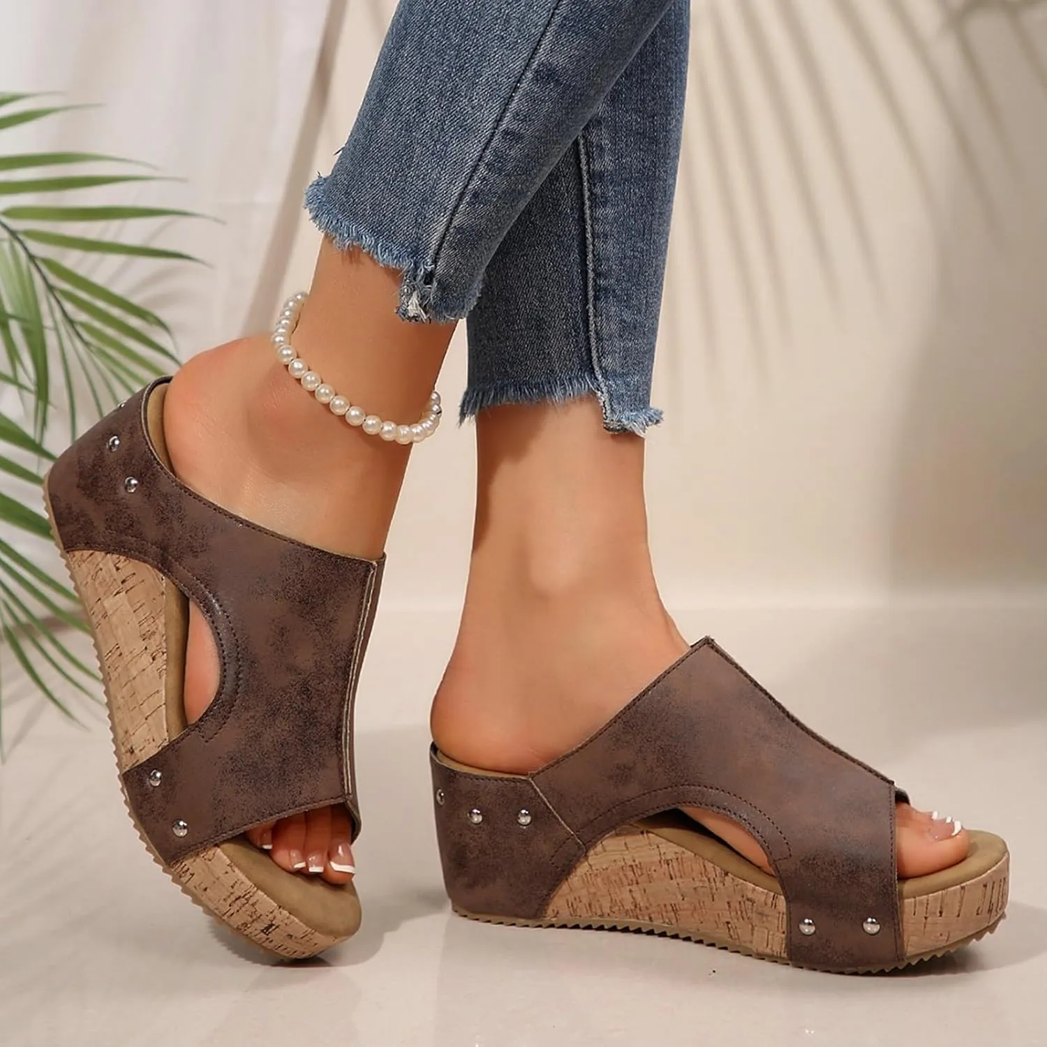 Platform Wedge Sandals for Women 2025 Open Toe Slip On Slides Cork Heeled Cutout Comfortable Summer Vacation Shoes