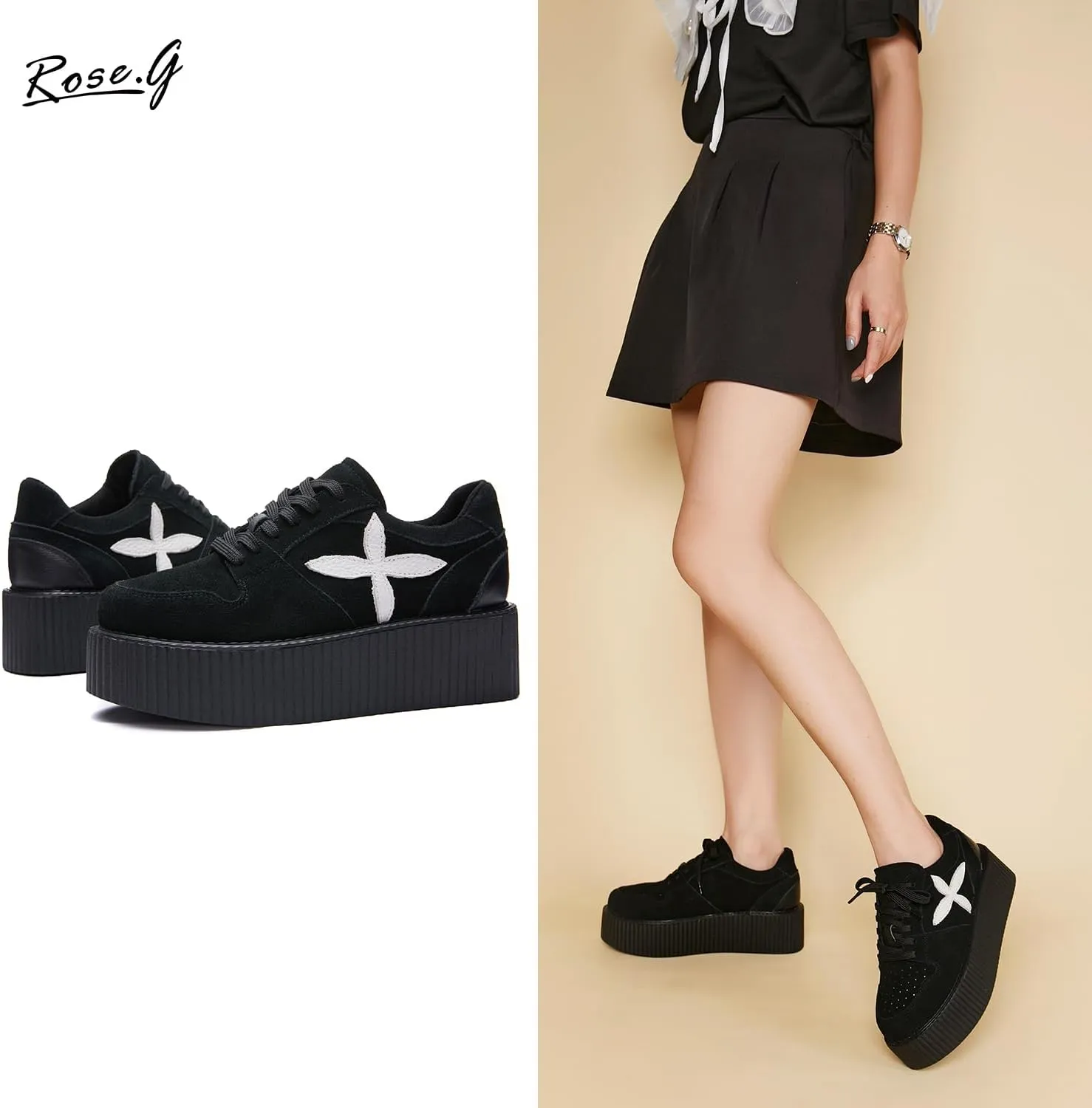 RoseG Women's Handmade Suede Lace Up Flat Platform Creepers Shoe