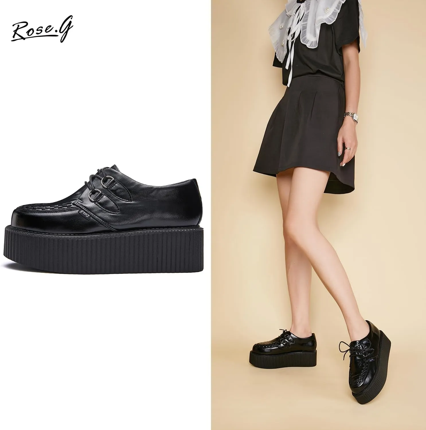 RoseG Women's Handmade Suede Lace Up Flat Platform Creepers Shoe