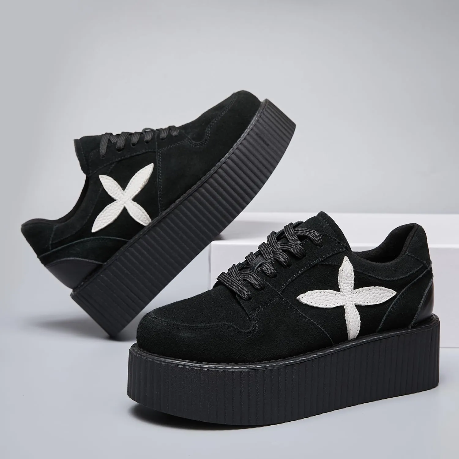 RoseG Women's Handmade Suede Lace Up Flat Platform Creepers Shoe