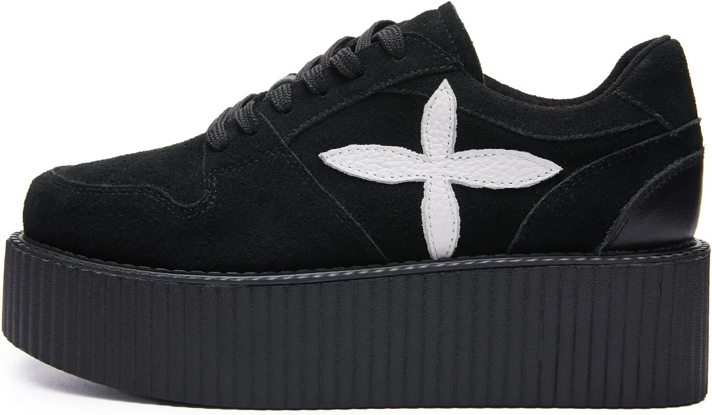 RoseG Women's Handmade Suede Lace Up Flat Platform Creepers Shoe