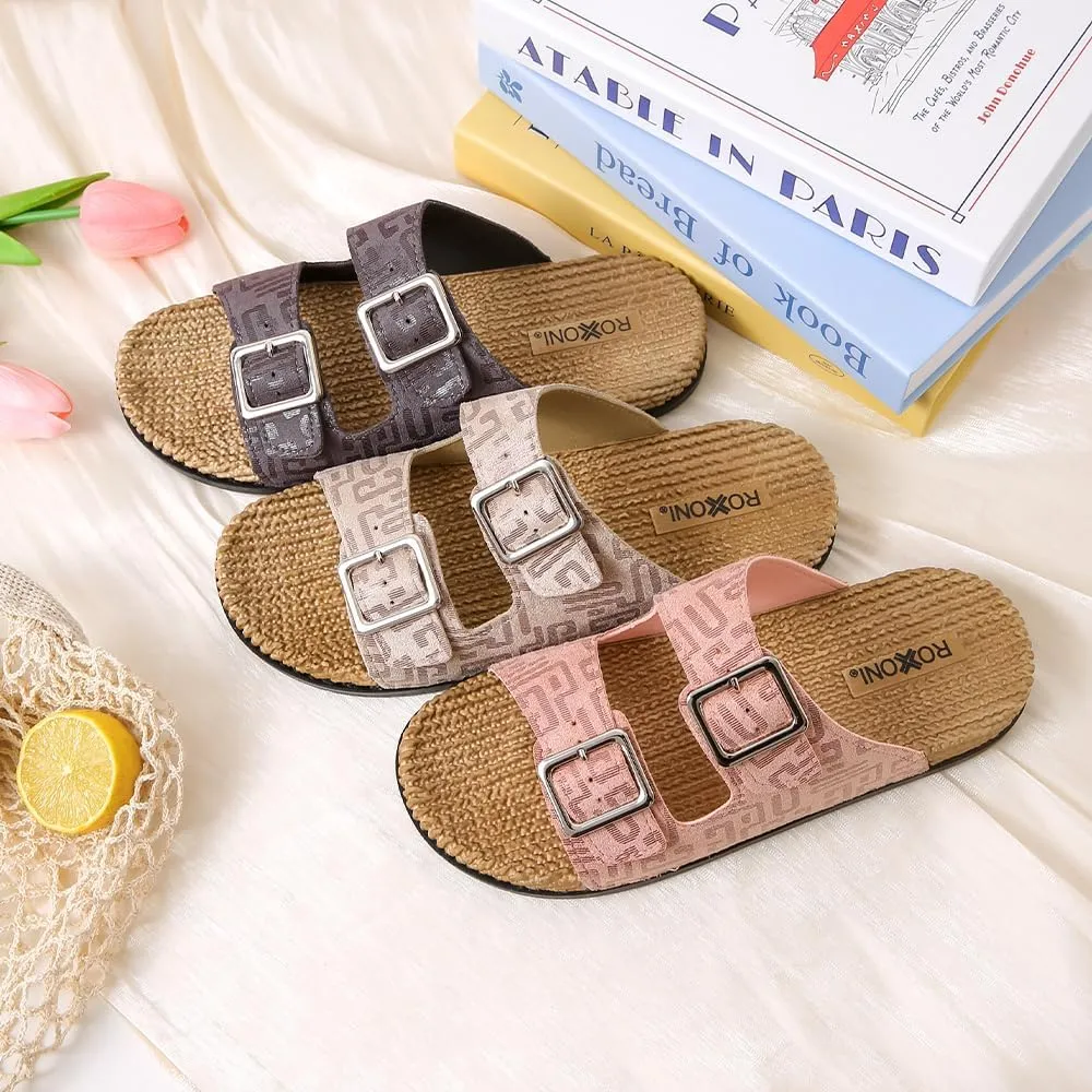Roxoni Women's Fashion Cork Sole Double Buckle Indoor/Outdoor Sandal