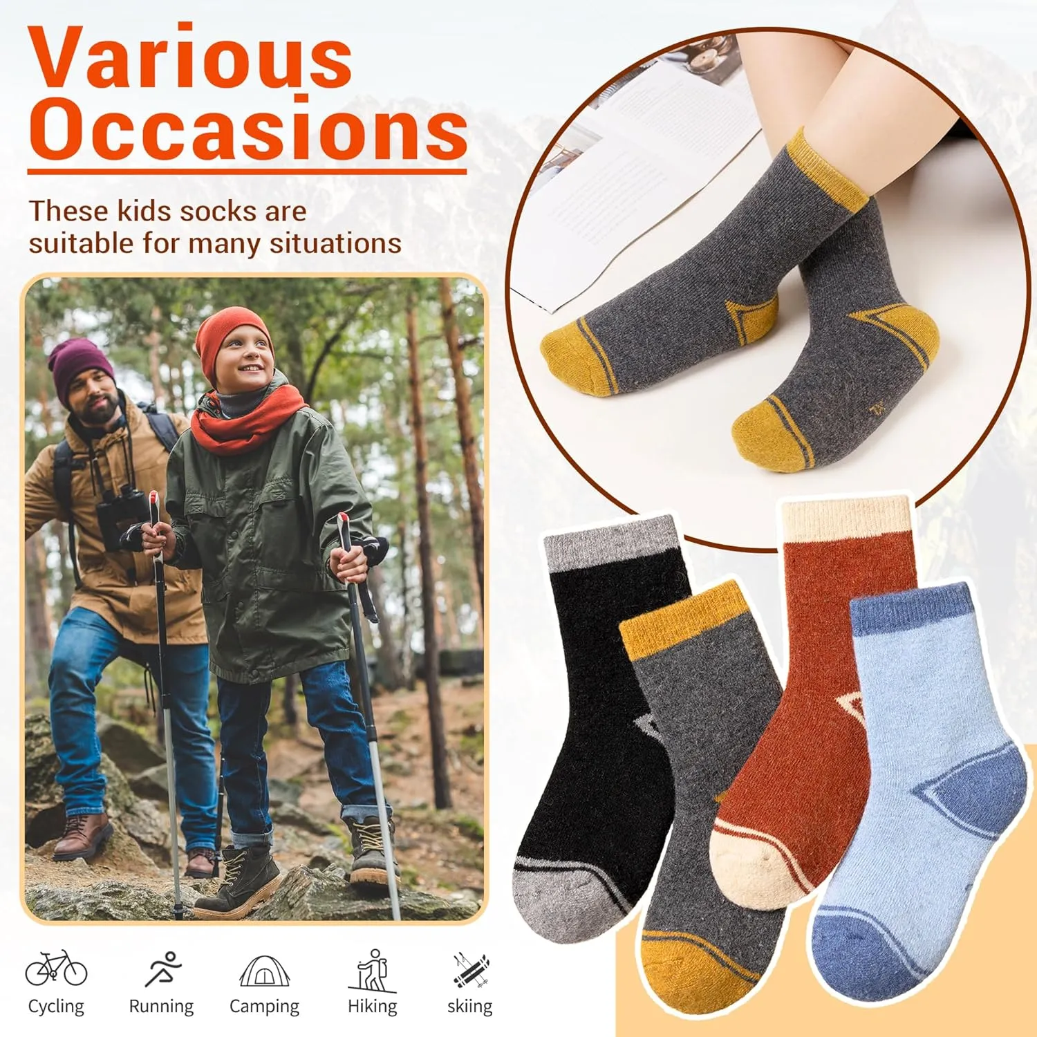 SeeyAN Kids Thermal Merino Wool Socks for Boys Girls - 4 Pairs Heated Winter Warm Thick Boot Insulated Socks for Hiking Ski