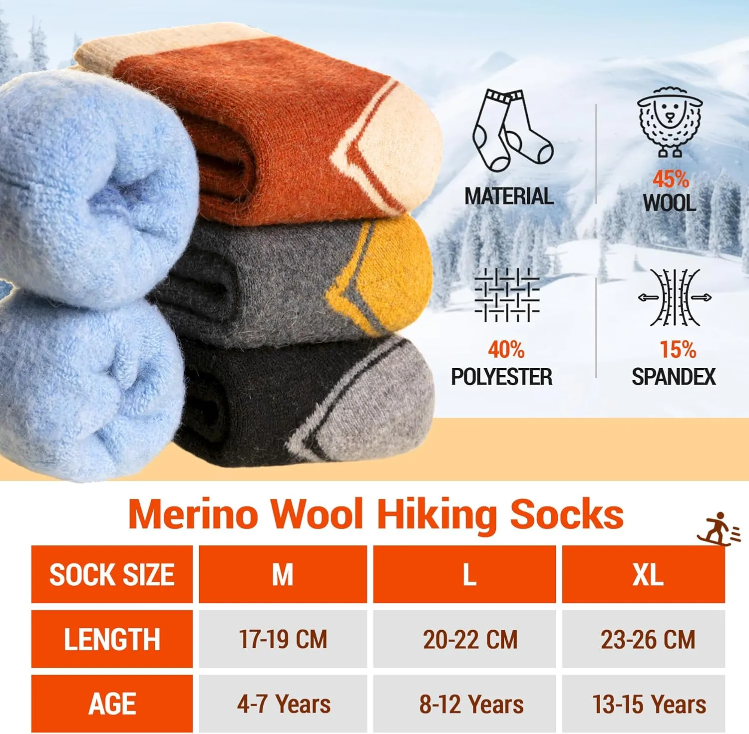 SeeyAN Kids Thermal Merino Wool Socks for Boys Girls - 4 Pairs Heated Winter Warm Thick Boot Insulated Socks for Hiking Ski