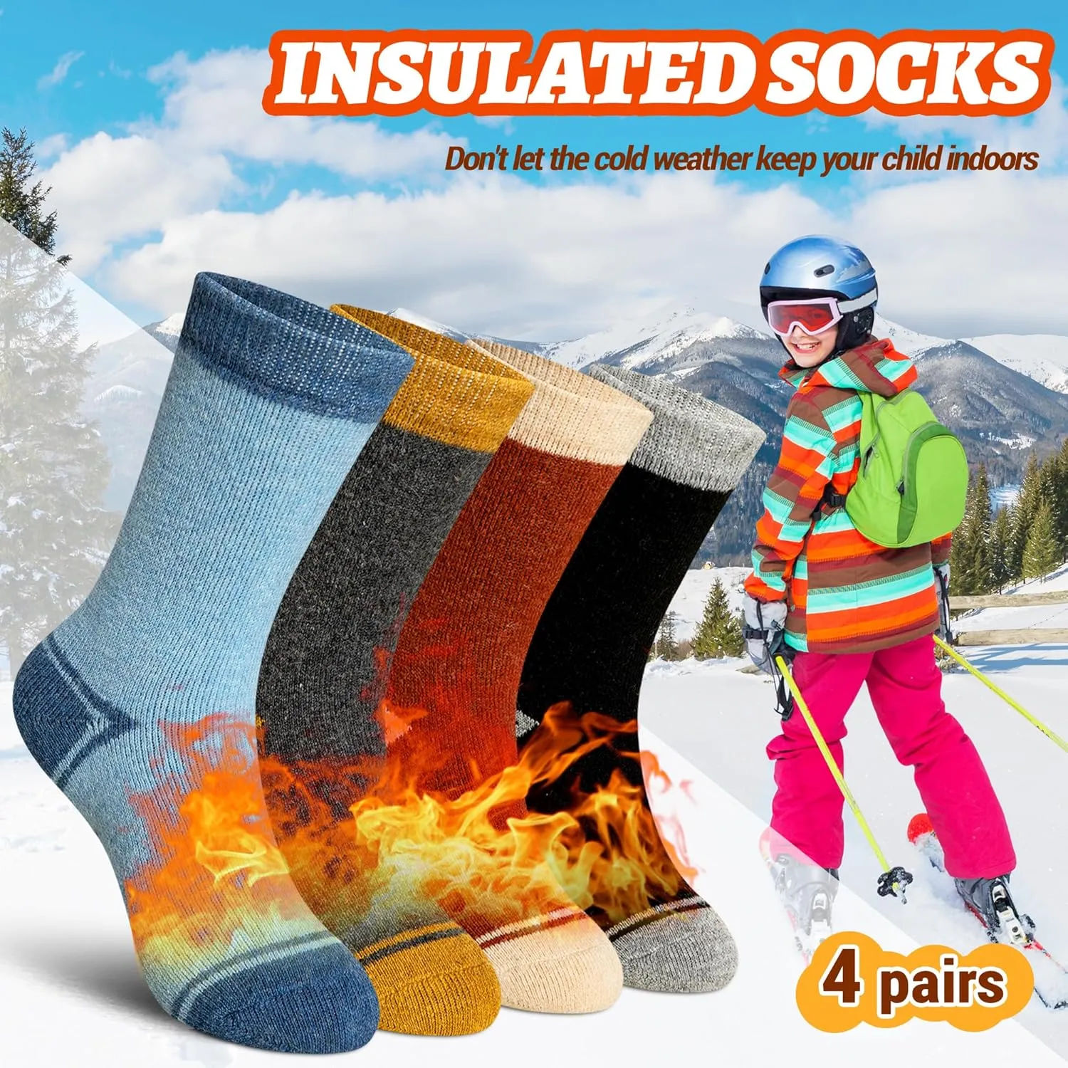 SeeyAN Kids Thermal Merino Wool Socks for Boys Girls - 4 Pairs Heated Winter Warm Thick Boot Insulated Socks for Hiking Ski