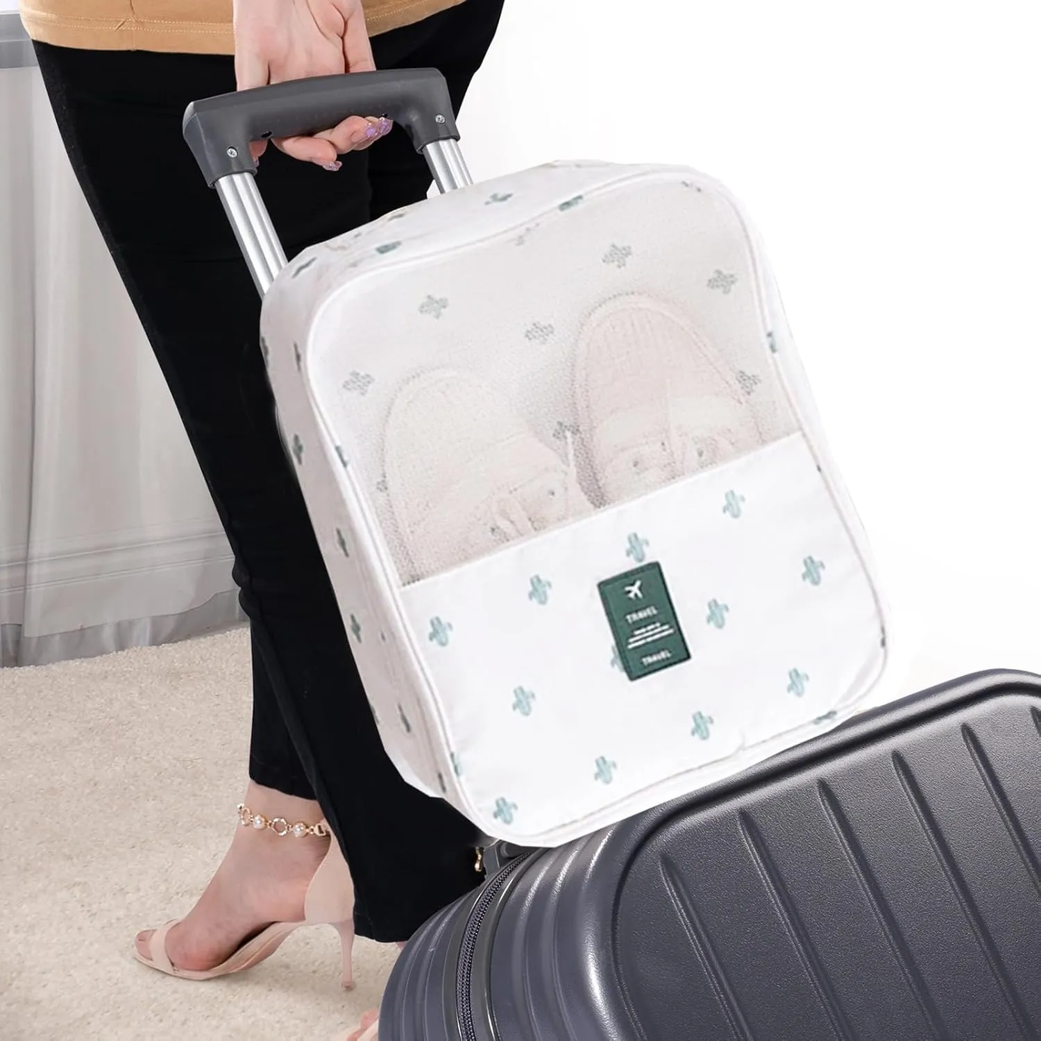 Shoe Bag for Travel, Travel Shoe Bag for Packing, Hold 3 Pairs of Shoes, Travel Essentials for Flying Shoe Organizer Shoe Storage Bag for Travel Cactus White