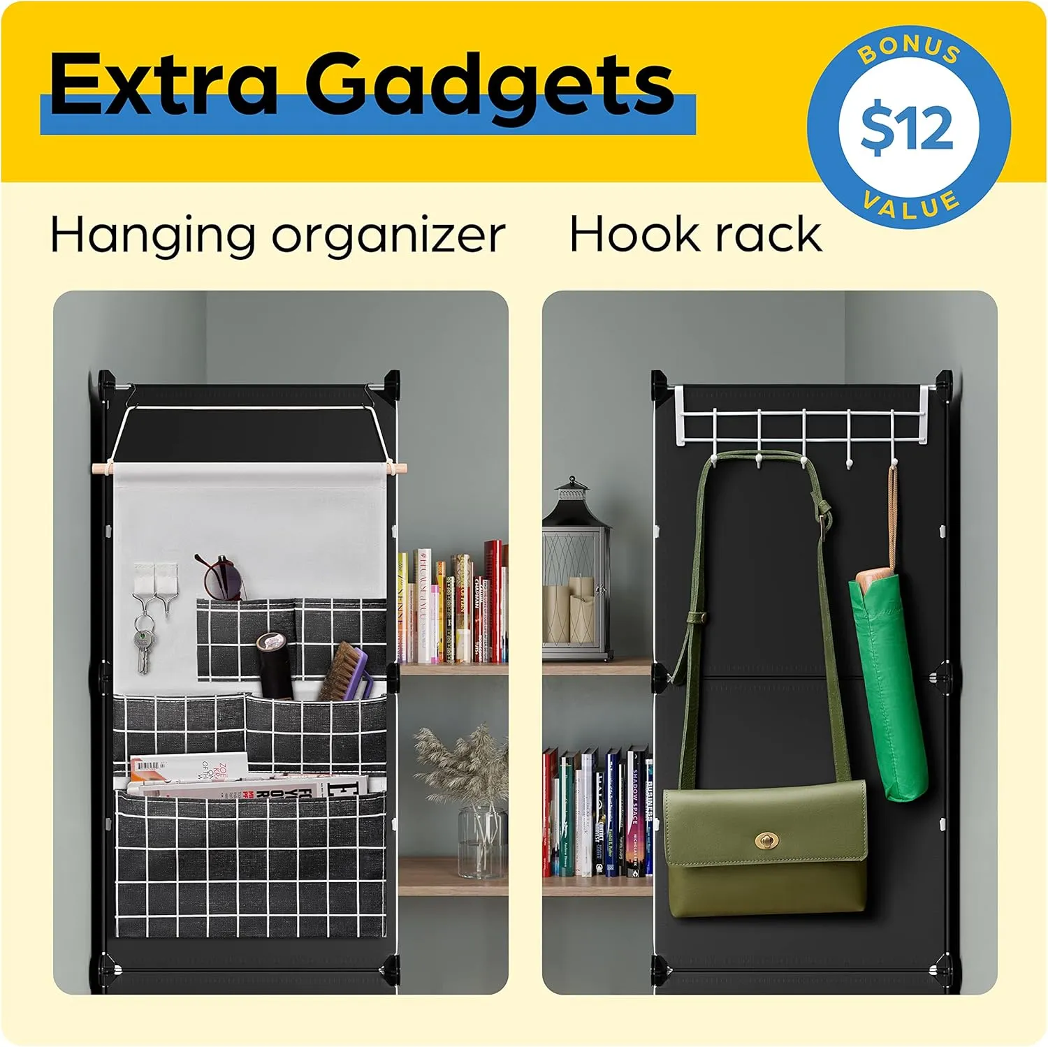 Shoe Organizer Cabinet Up to 32 Pairs, Shoe Closet-Covered Shoe Rack with See-Through Door (Clear, Plastic, Stackable) Cubby Portable Shoe Organizer with Covers, Hooks & Pockets, Black