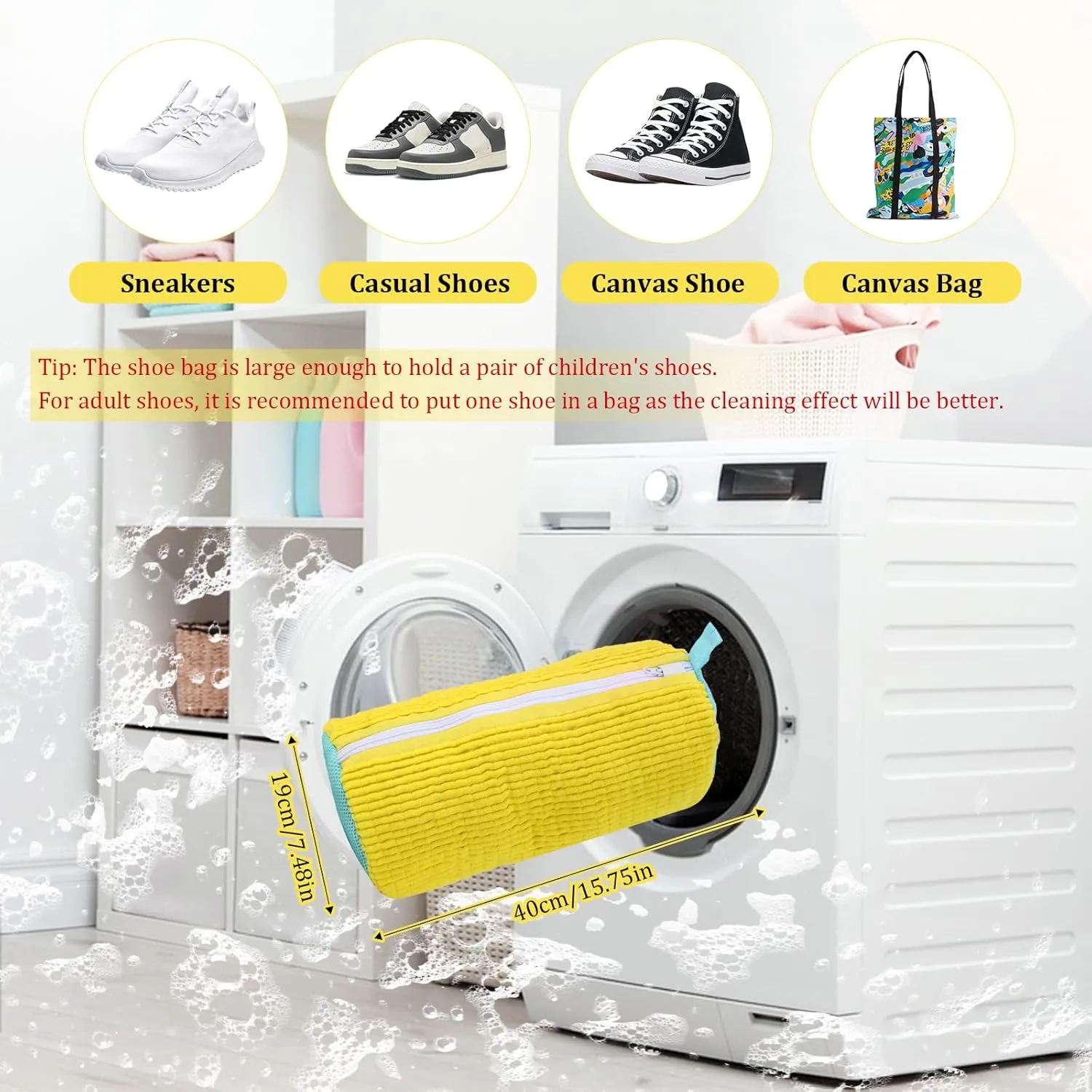 Shoe Washing Machine Bag This Washing Machine Shoe Bag Can Be Cleaned 360° Around Reusable and Durable Laundry Shoe Bag Side Zipper, Suitable for Washing Machine and Dryer (Yellow 2 Pcs)