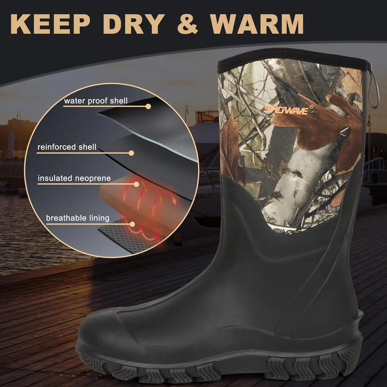 Showave Classic Men's Rubber Boots Waterproof Rain Boots Insulated Neoprene Boot Mud Boot for Farming Hunting Gardening Yard Chore Working