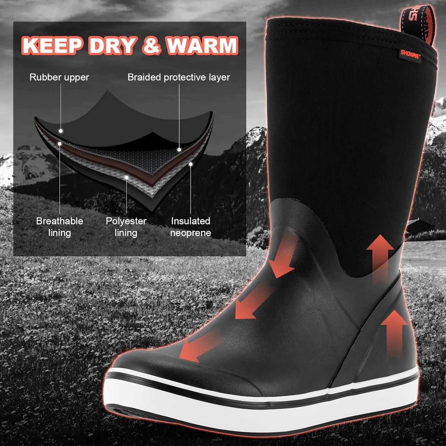 Showave Men's Deck Boots Mid Calf Rubber Boots Waterproof Fishing Sailing Boots Non-Slip Insulated Rain Boots For Outdoor Gardening Mud Yard Working
