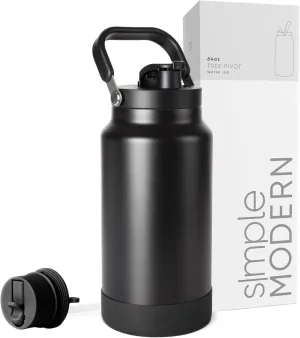 Simple Modern Trek Pivot | Half Gallon Water Bottle Jug with Handle & Boot | Interchangeable Straw & Chug Lids | Large Insulated Stainless Steel | Sports Camping Outdoors | 64oz, Midnight Black