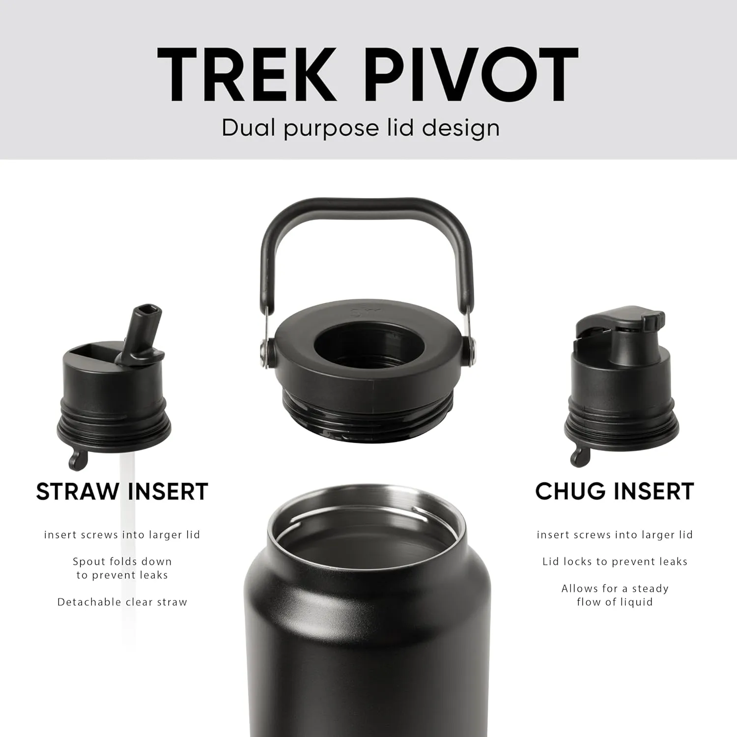 Simple Modern Trek Pivot | Half Gallon Water Bottle Jug with Handle & Boot | Interchangeable Straw & Chug Lids | Large Insulated Stainless Steel | Sports Camping Outdoors | 64oz, Midnight Black