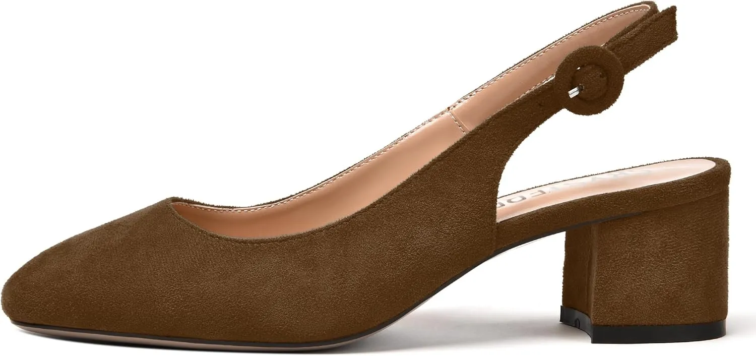 SKYSTERRY Womens Buckle Square Toe Slingback Casual Suede Evening Chunky Low Heel Pumps Shoes 2 Inch