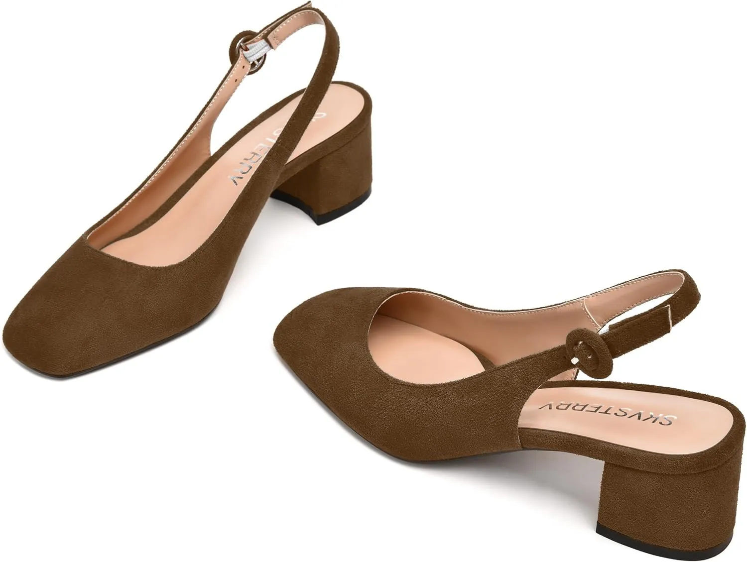 SKYSTERRY Womens Buckle Square Toe Slingback Casual Suede Evening Chunky Low Heel Pumps Shoes 2 Inch