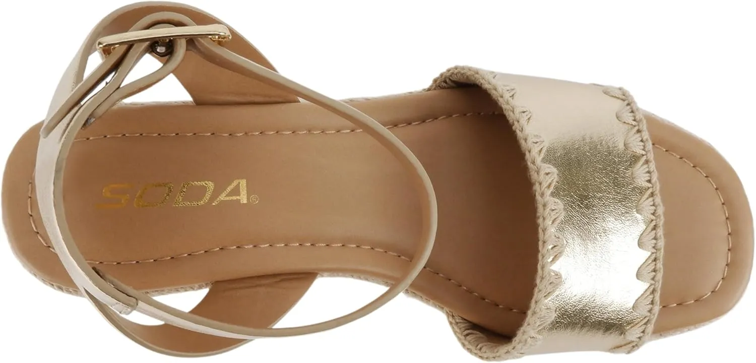 Soda “Laguna” ~ Women Square Toe Stitched Single Band Low Heel Espadrille Wedge Sandal with Adjustable Ankle Strap