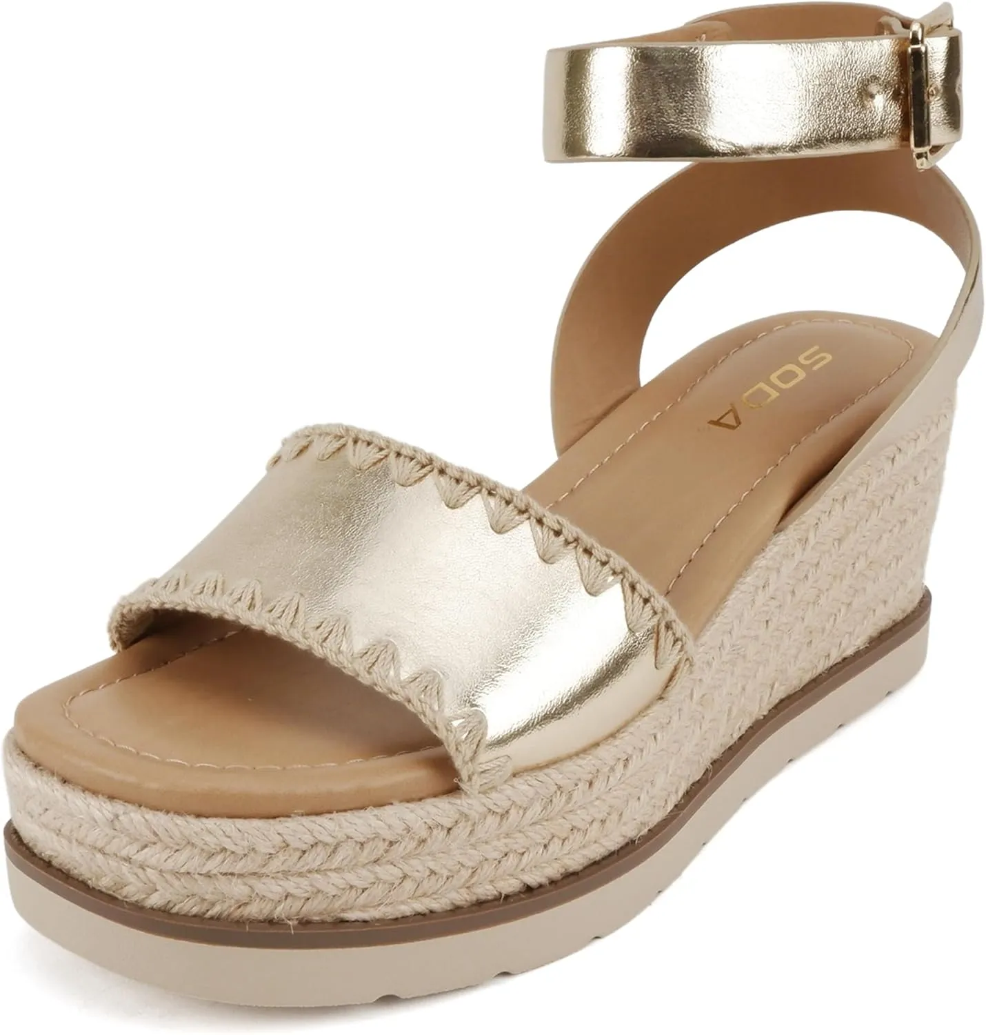 Soda “Laguna” ~ Women Square Toe Stitched Single Band Low Heel Espadrille Wedge Sandal with Adjustable Ankle Strap