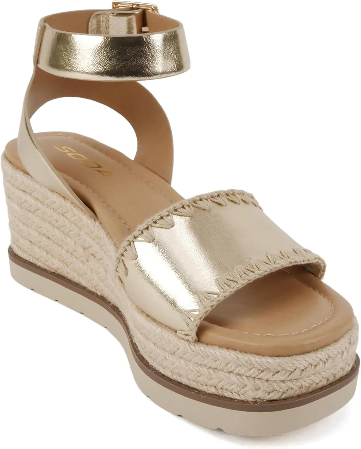Soda “Laguna” ~ Women Square Toe Stitched Single Band Low Heel Espadrille Wedge Sandal with Adjustable Ankle Strap