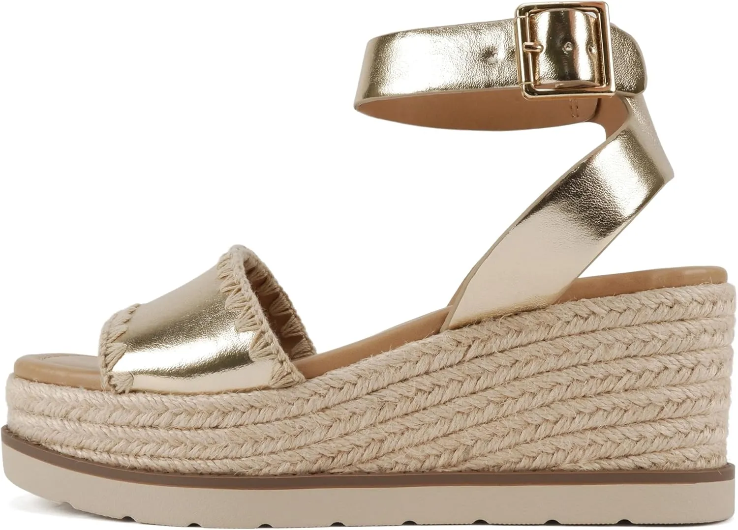 Soda “Laguna” ~ Women Square Toe Stitched Single Band Low Heel Espadrille Wedge Sandal with Adjustable Ankle Strap