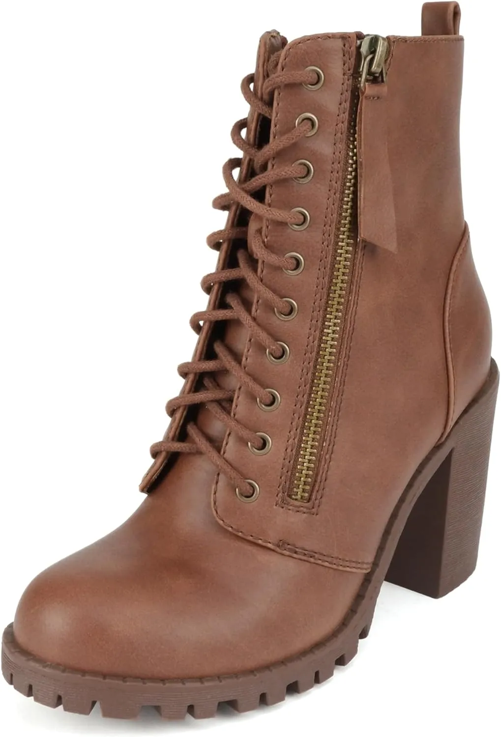 Soda Malia Round Toe Stacked Lug Heel Lace Up Ankle Booties