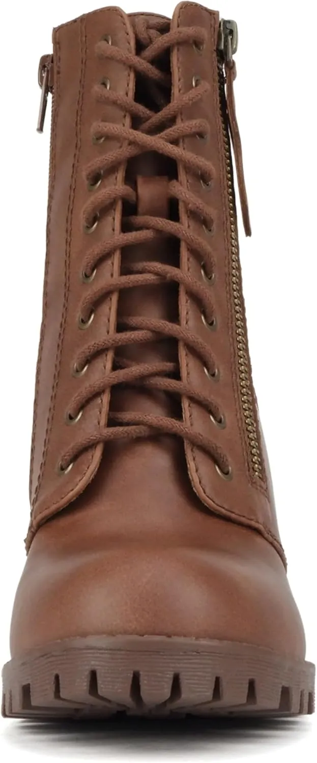 Soda Malia Round Toe Stacked Lug Heel Lace Up Ankle Booties