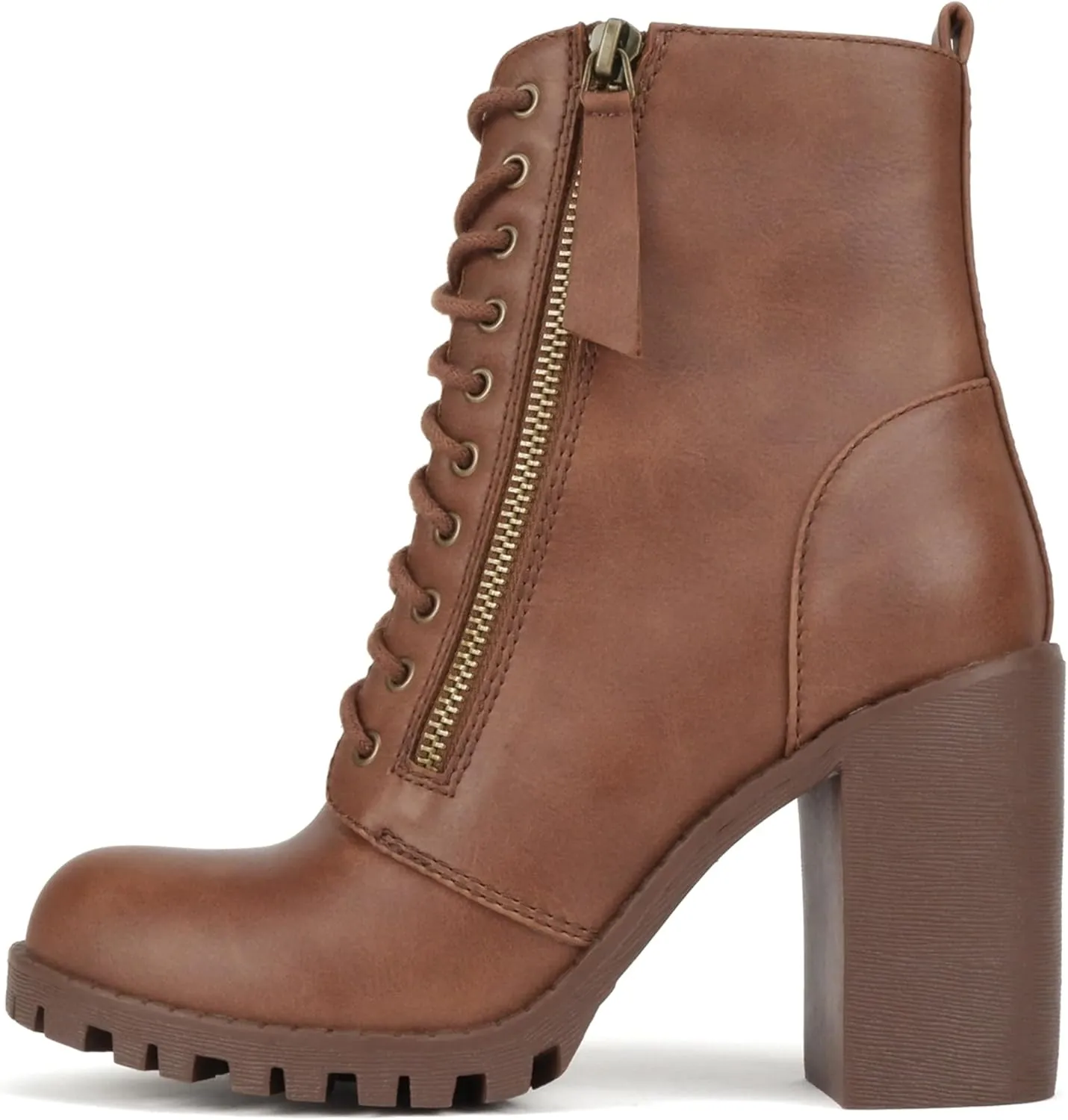 Soda Malia Round Toe Stacked Lug Heel Lace Up Ankle Booties