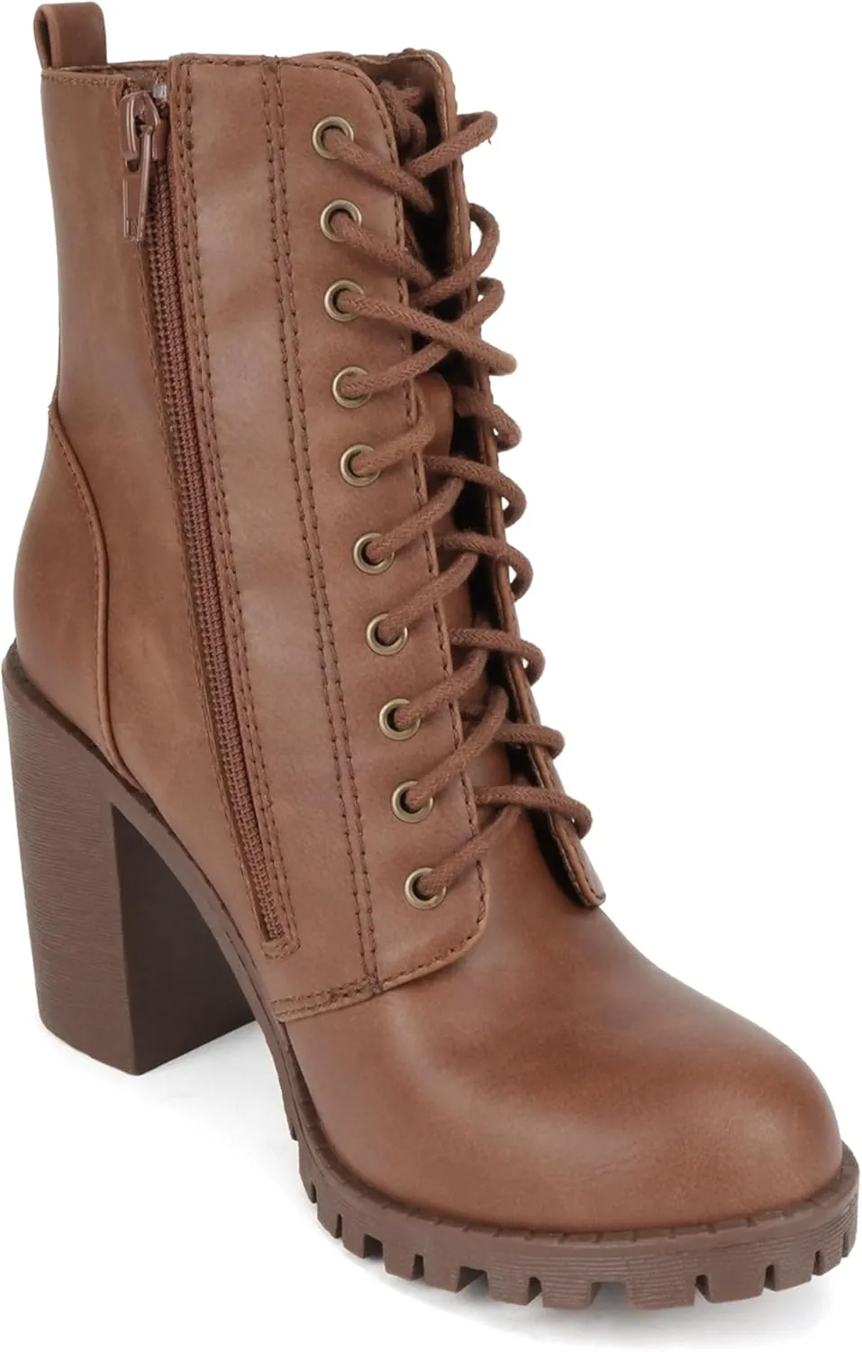 Soda Malia Round Toe Stacked Lug Heel Lace Up Ankle Booties