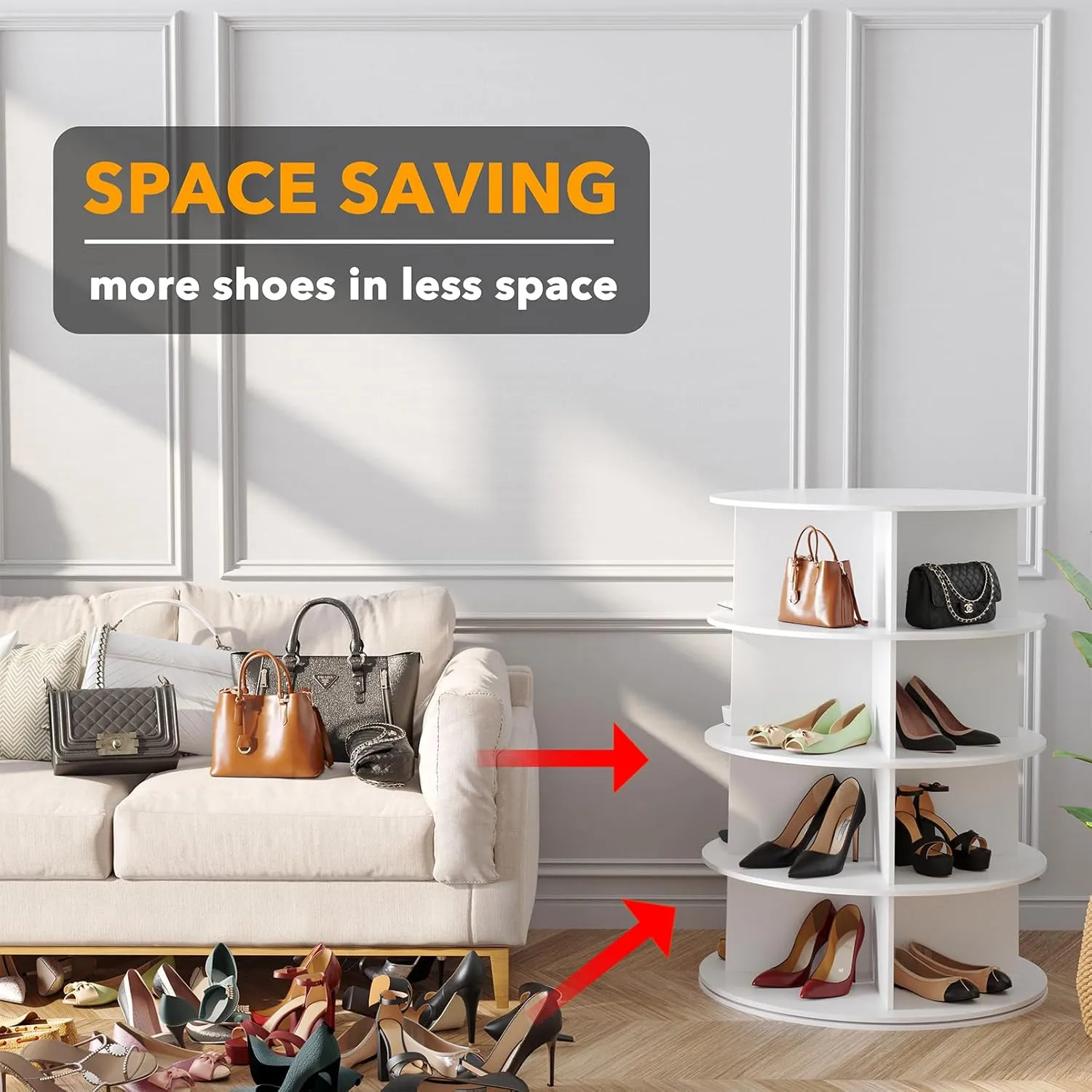 SpaceAid 4 Tier Rotating Shoe Rack Tower, Spinning Shoe Display Lazy Susan, Revolving 360 Shoe Rack Storage Round Carousel, Vertical Handbag Rotate Shoes Closet Organization (4-Tier White)