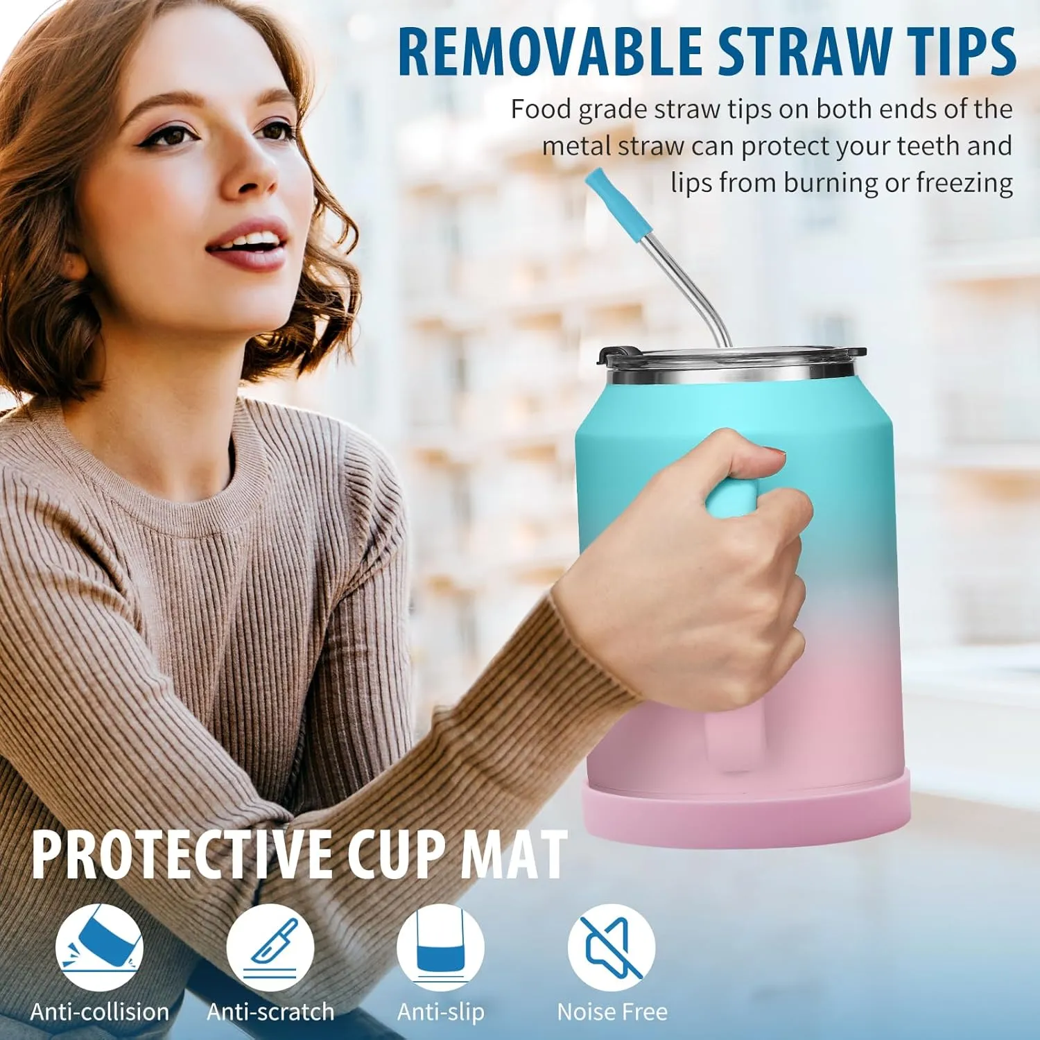 Stainless-Steel Coffee Cup 32 oz Mug Tumbler - with Handle, Straws & Protective Boot, Keep Cold 36hrs & Hot 24hrs, Insulated Tumbler Water Cup, Leak-proof Big Travel Mugs Thermal Flask Water Bottle