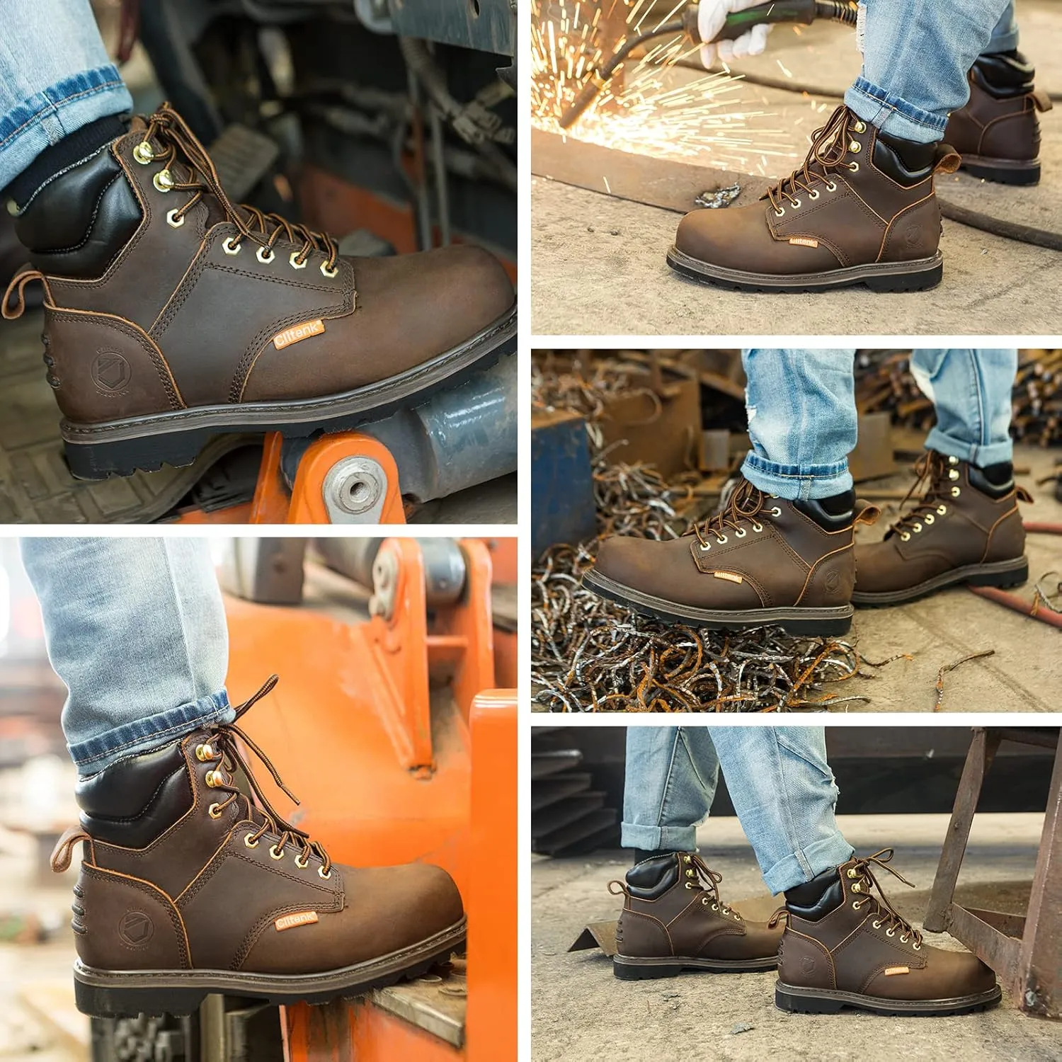 Steel Toe Boots for Men Waterproof, 6" Oiled Full Grain Leather Slip on Work Boots, Non-Slip, Puncture-Proof, Breathable, Comfortable Outdoor Lightweight Mens Work Boots