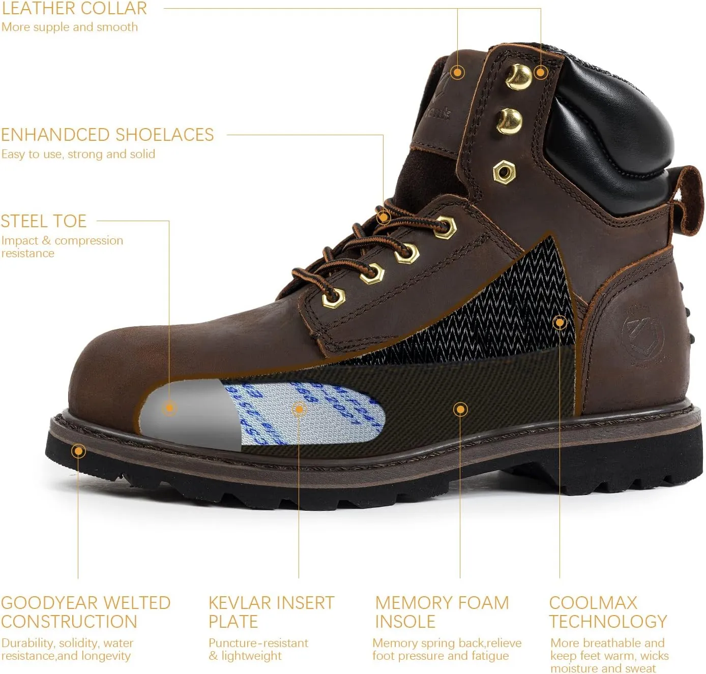 Steel Toe Boots for Men Waterproof, 6" Oiled Full Grain Leather Slip on Work Boots, Non-Slip, Puncture-Proof, Breathable, Comfortable Outdoor Lightweight Mens Work Boots