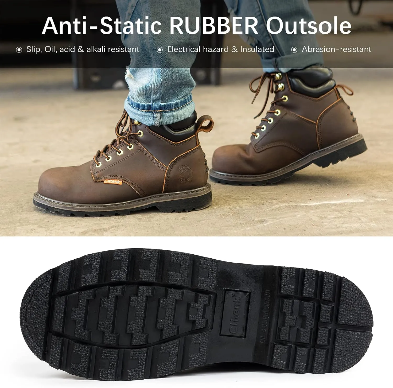 Steel Toe Boots for Men Waterproof, 6" Oiled Full Grain Leather Slip on Work Boots, Non-Slip, Puncture-Proof, Breathable, Comfortable Outdoor Lightweight Mens Work Boots