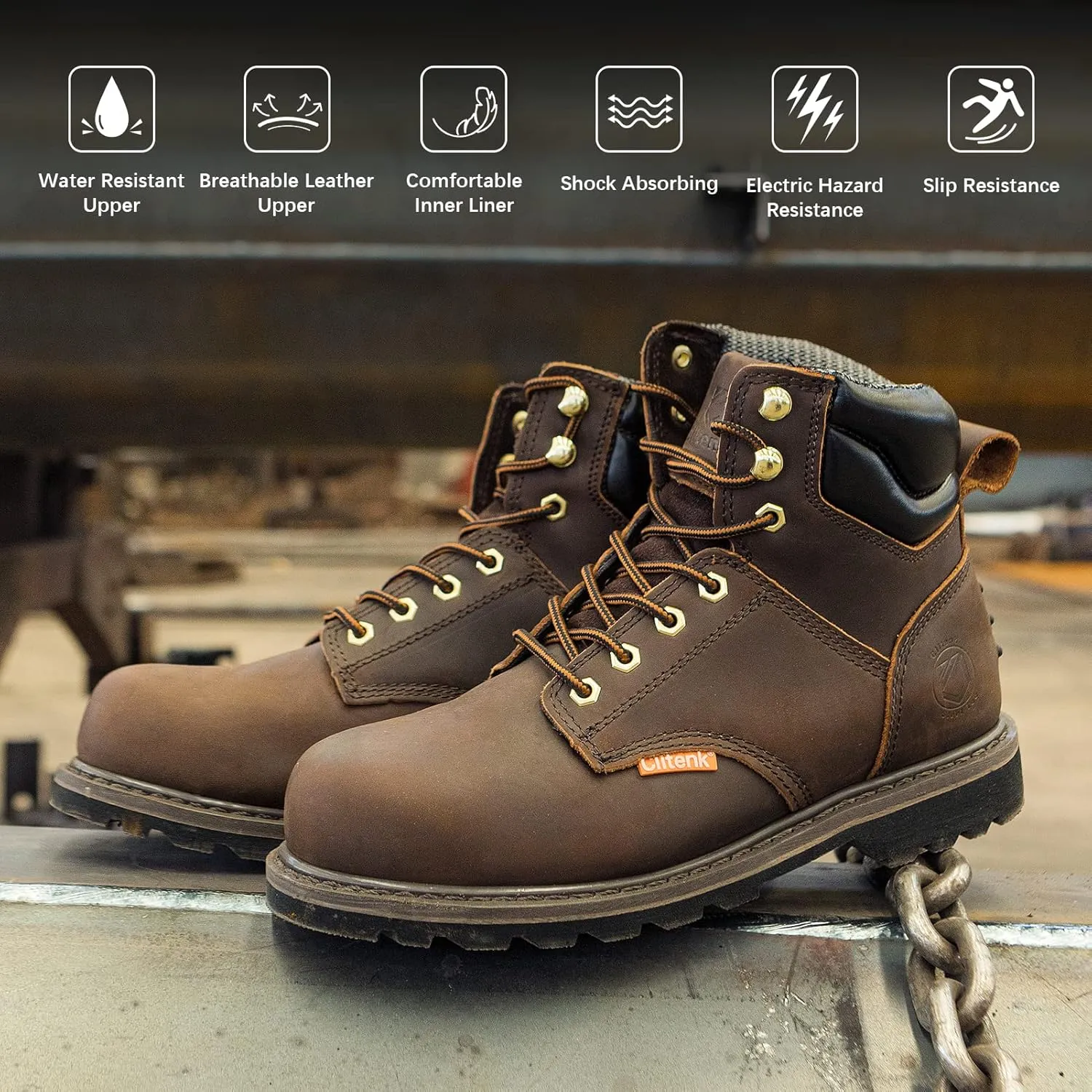 Steel Toe Boots for Men Waterproof, 6" Oiled Full Grain Leather Slip on Work Boots, Non-Slip, Puncture-Proof, Breathable, Comfortable Outdoor Lightweight Mens Work Boots
