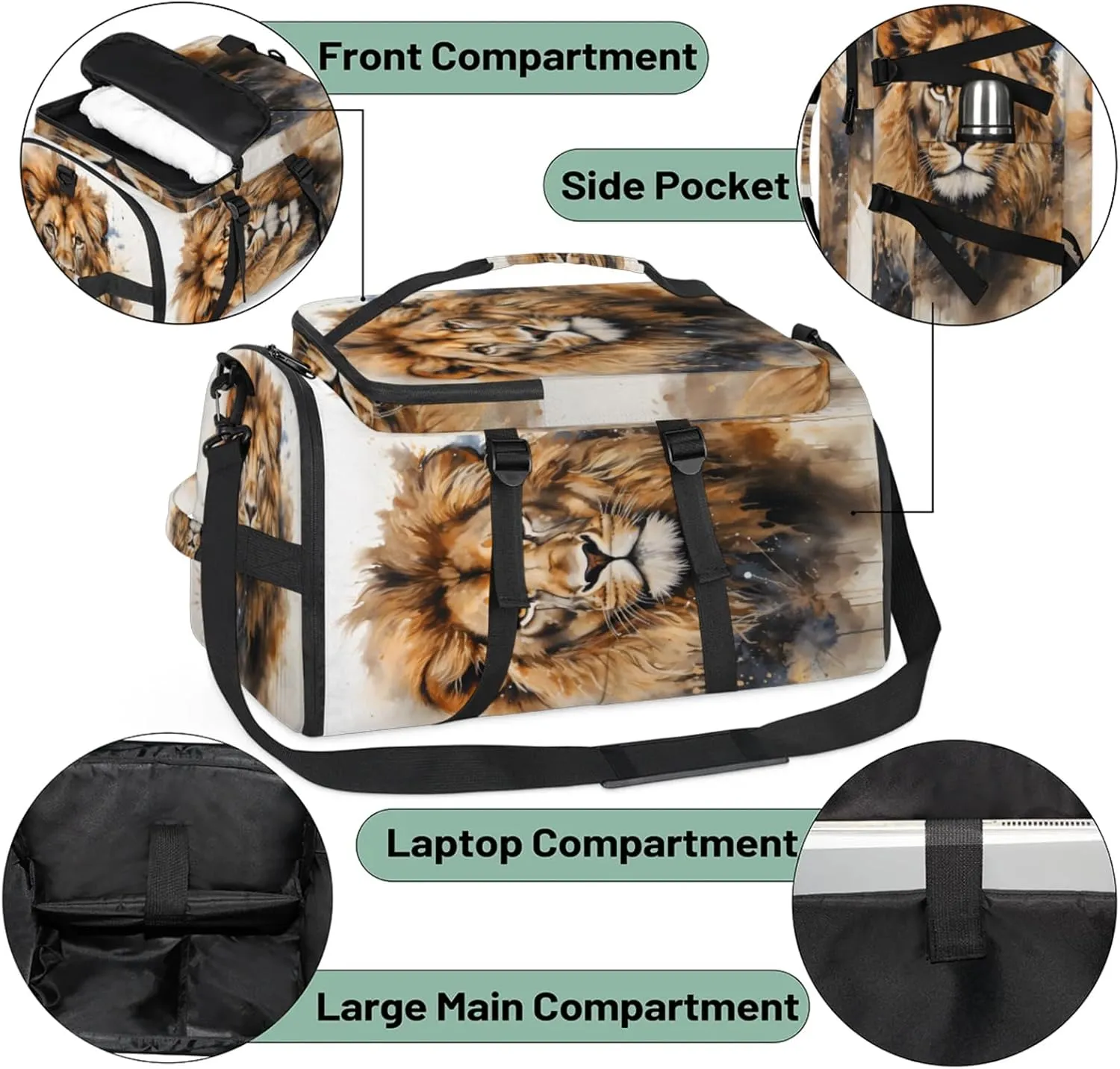 Tactical Sports Duffle Bag for Travel Waterproof Gym Bag with Shoe Compartment 48L Carry On Luggage for Men & Women 3-in-1 Durable Travel Luggage Animal Lions Head