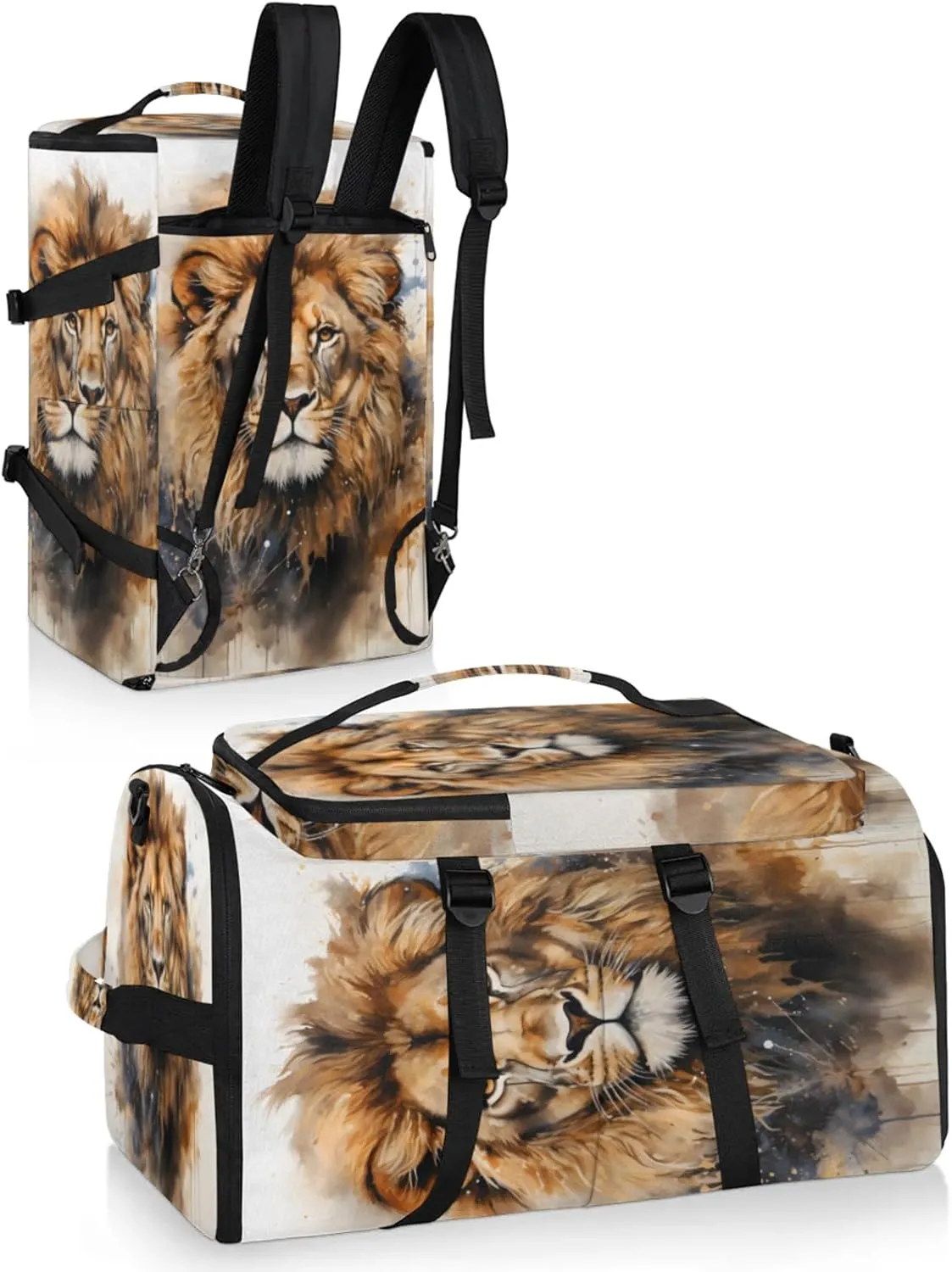 Tactical Sports Duffle Bag for Travel Waterproof Gym Bag with Shoe Compartment 48L Carry On Luggage for Men & Women 3-in-1 Durable Travel Luggage Animal Lions Head
