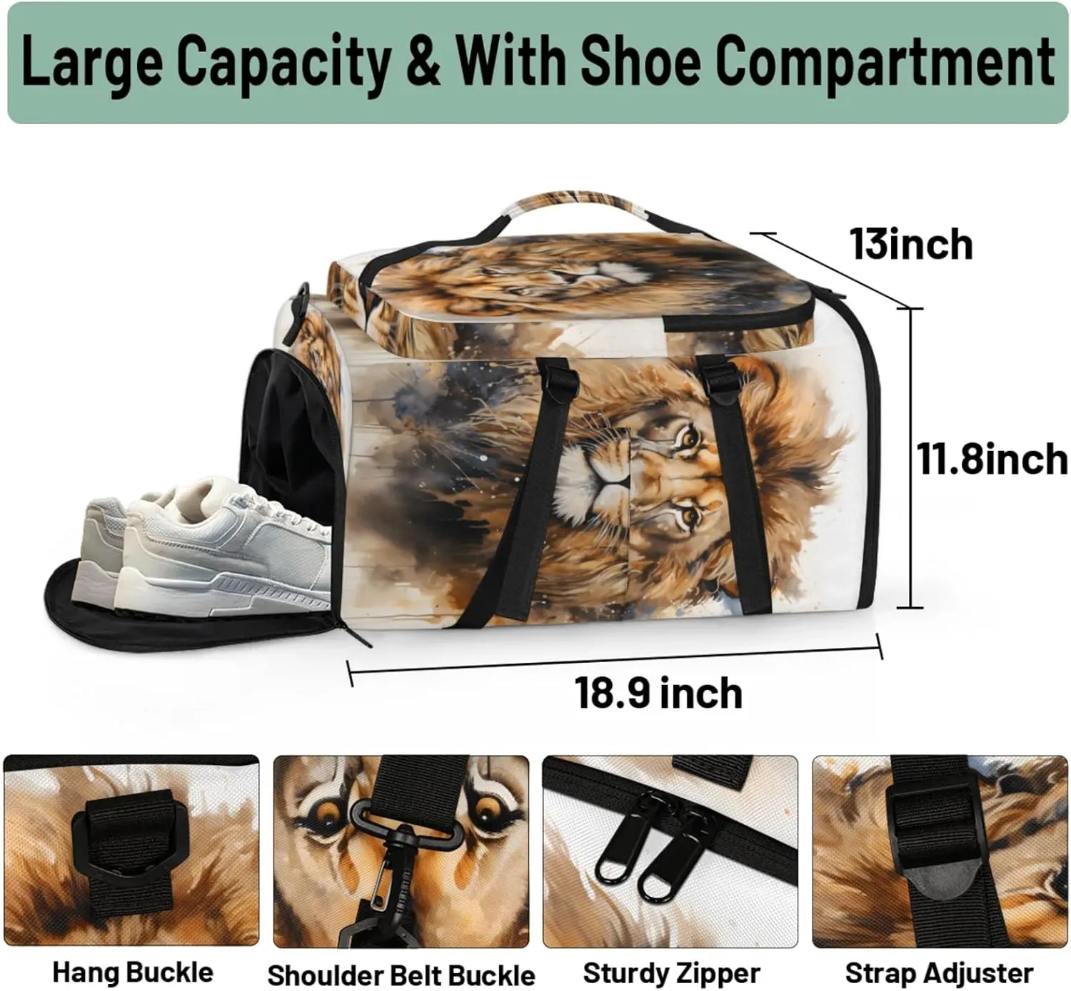Tactical Sports Duffle Bag for Travel Waterproof Gym Bag with Shoe Compartment 48L Carry On Luggage for Men & Women 3-in-1 Durable Travel Luggage Animal Lions Head