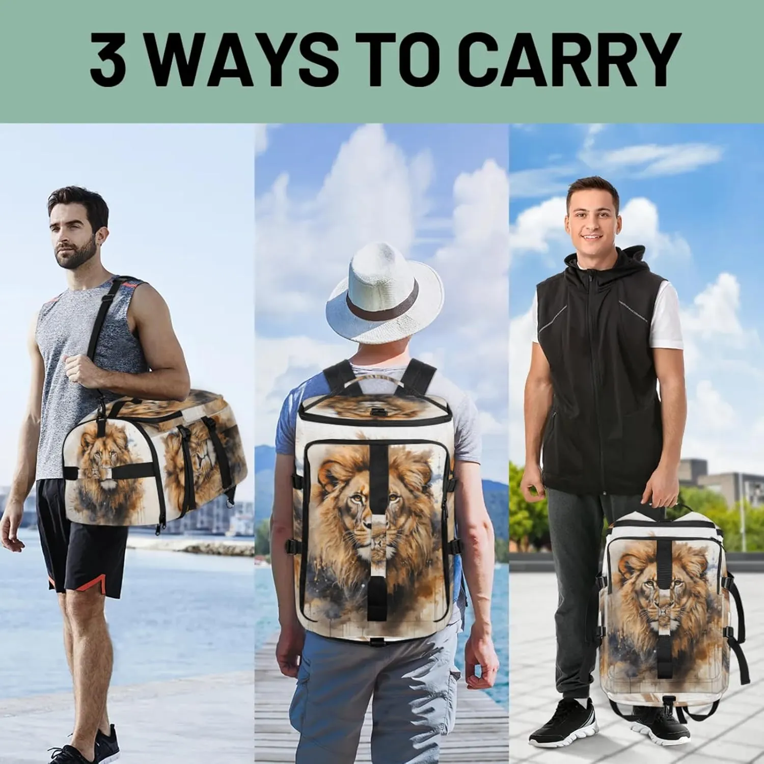 Tactical Sports Duffle Bag for Travel Waterproof Gym Bag with Shoe Compartment 48L Carry On Luggage for Men & Women 3-in-1 Durable Travel Luggage Animal Lions Head
