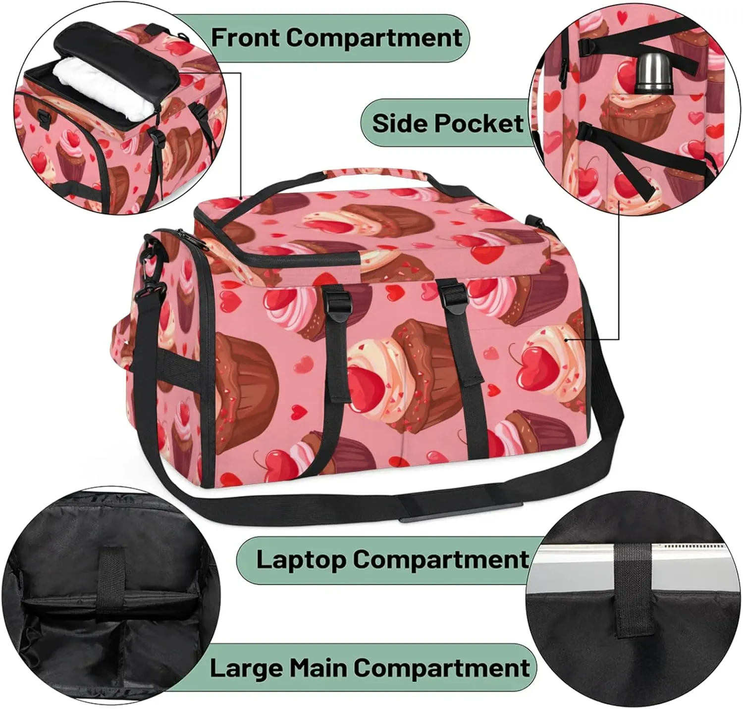 Tactical Sports Duffle Bag for Travel Waterproof Gym Bag with Shoe Compartment 48L Carry On Luggage for Men & Women 3-in-1 Durable Travel Luggage Cherry Cupcake