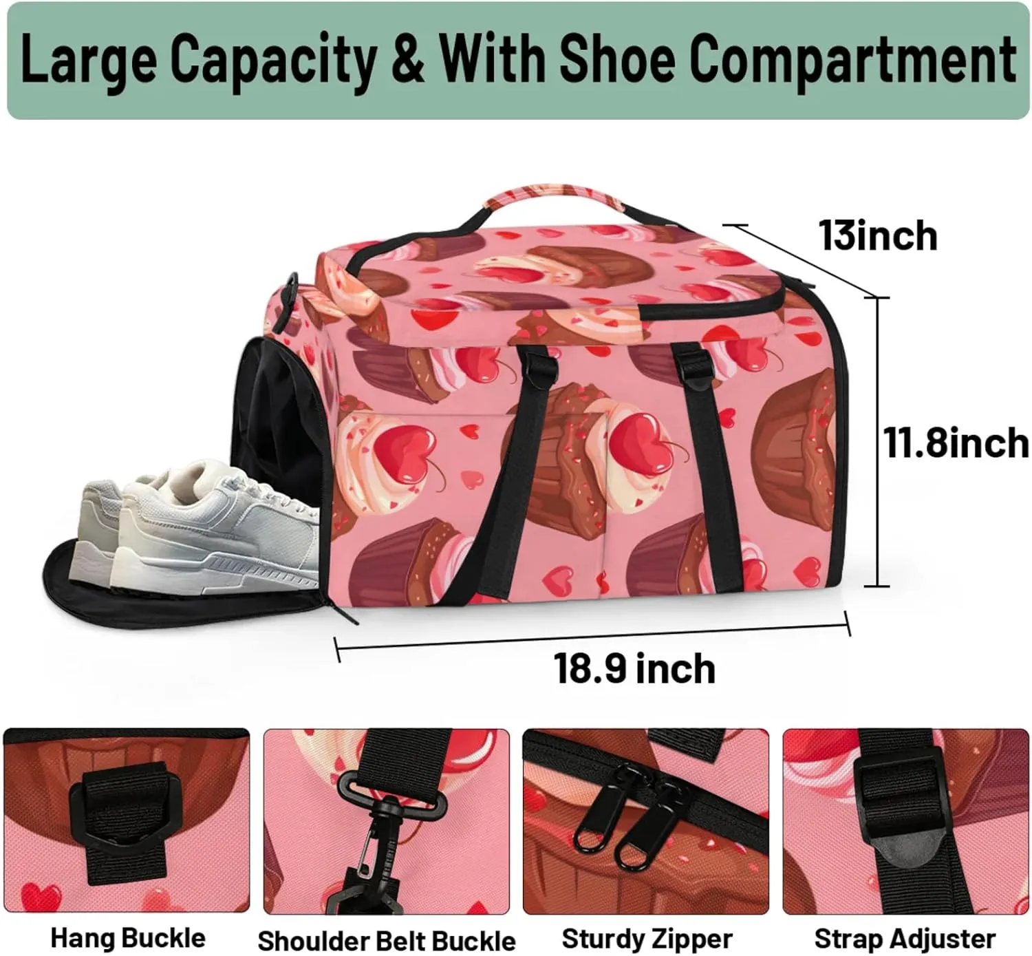 Tactical Sports Duffle Bag for Travel Waterproof Gym Bag with Shoe Compartment 48L Carry On Luggage for Men & Women 3-in-1 Durable Travel Luggage Cherry Cupcake