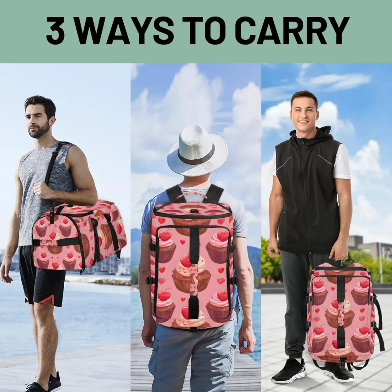 Tactical Sports Duffle Bag for Travel Waterproof Gym Bag with Shoe Compartment 48L Carry On Luggage for Men & Women 3-in-1 Durable Travel Luggage Cherry Cupcake