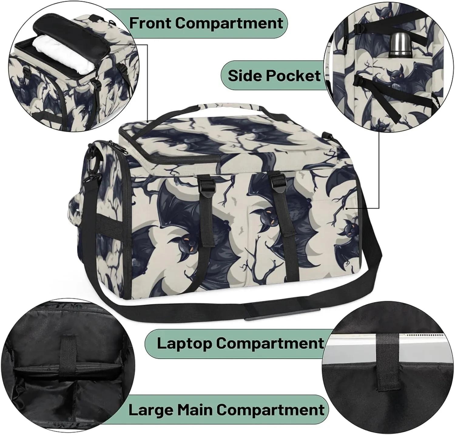 Tactical Sports Duffle Bag for Travel Waterproof Gym Bag with Shoe Compartment 48L Carry On Luggage for Men & Women 3-in-1 Durable Travel Luggage Halloween Cartoon Bats