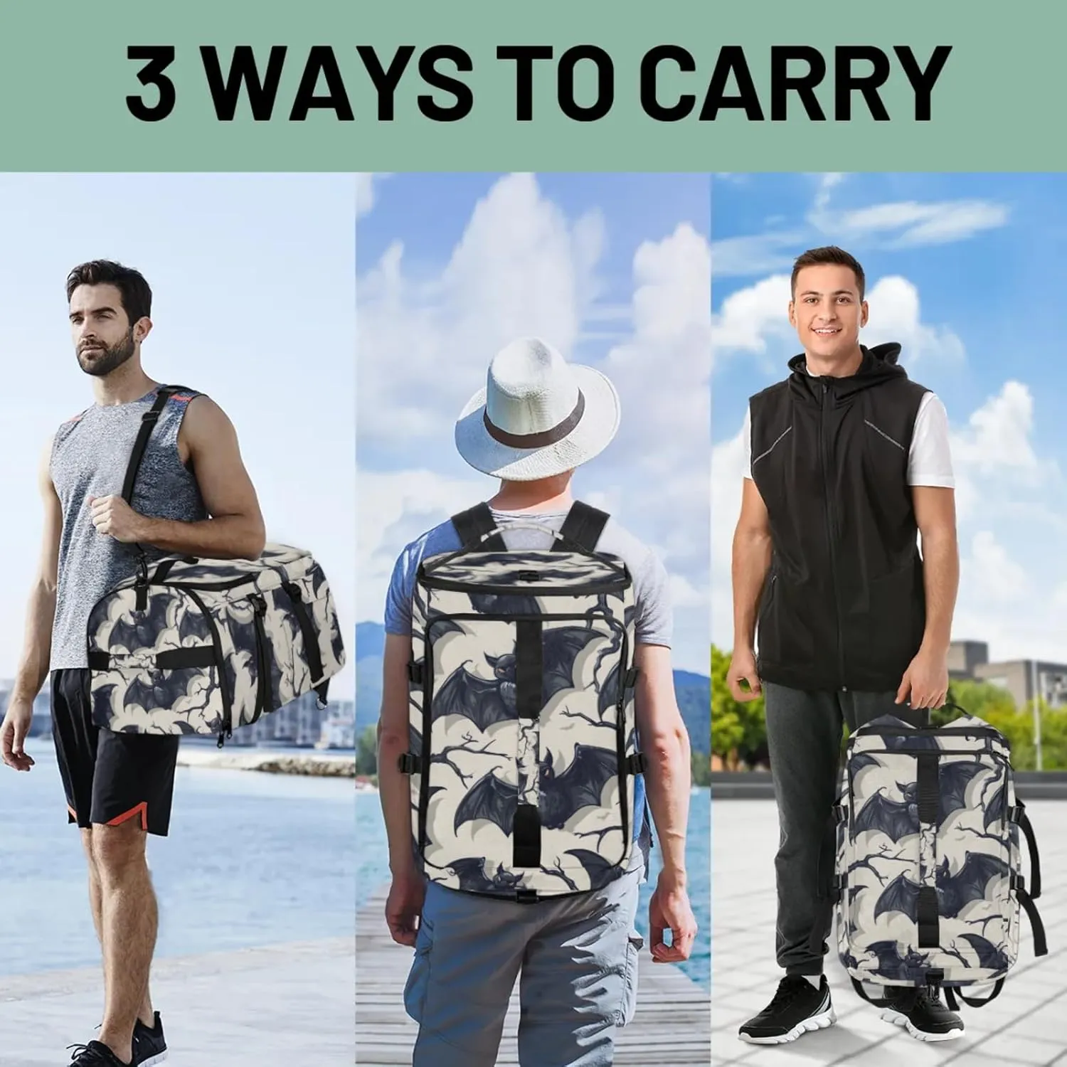 Tactical Sports Duffle Bag for Travel Waterproof Gym Bag with Shoe Compartment 48L Carry On Luggage for Men & Women 3-in-1 Durable Travel Luggage Halloween Cartoon Bats