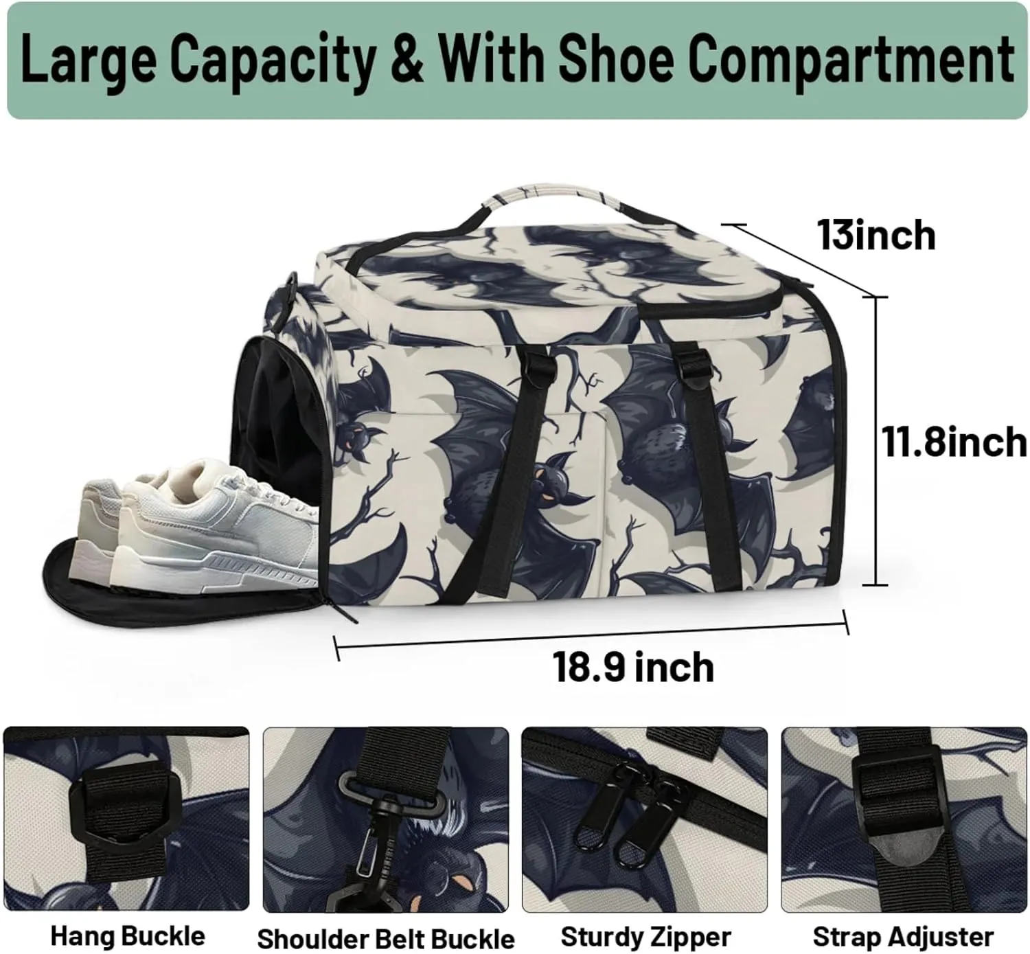 Tactical Sports Duffle Bag for Travel Waterproof Gym Bag with Shoe Compartment 48L Carry On Luggage for Men & Women 3-in-1 Durable Travel Luggage Halloween Cartoon Bats
