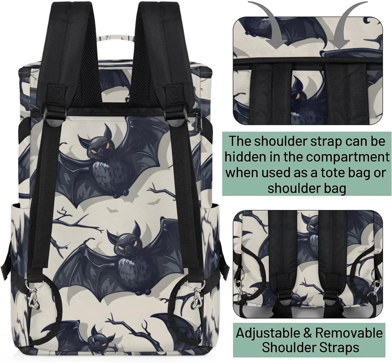 Tactical Sports Duffle Bag for Travel Waterproof Gym Bag with Shoe Compartment 48L Carry On Luggage for Men & Women 3-in-1 Durable Travel Luggage Halloween Cartoon Bats