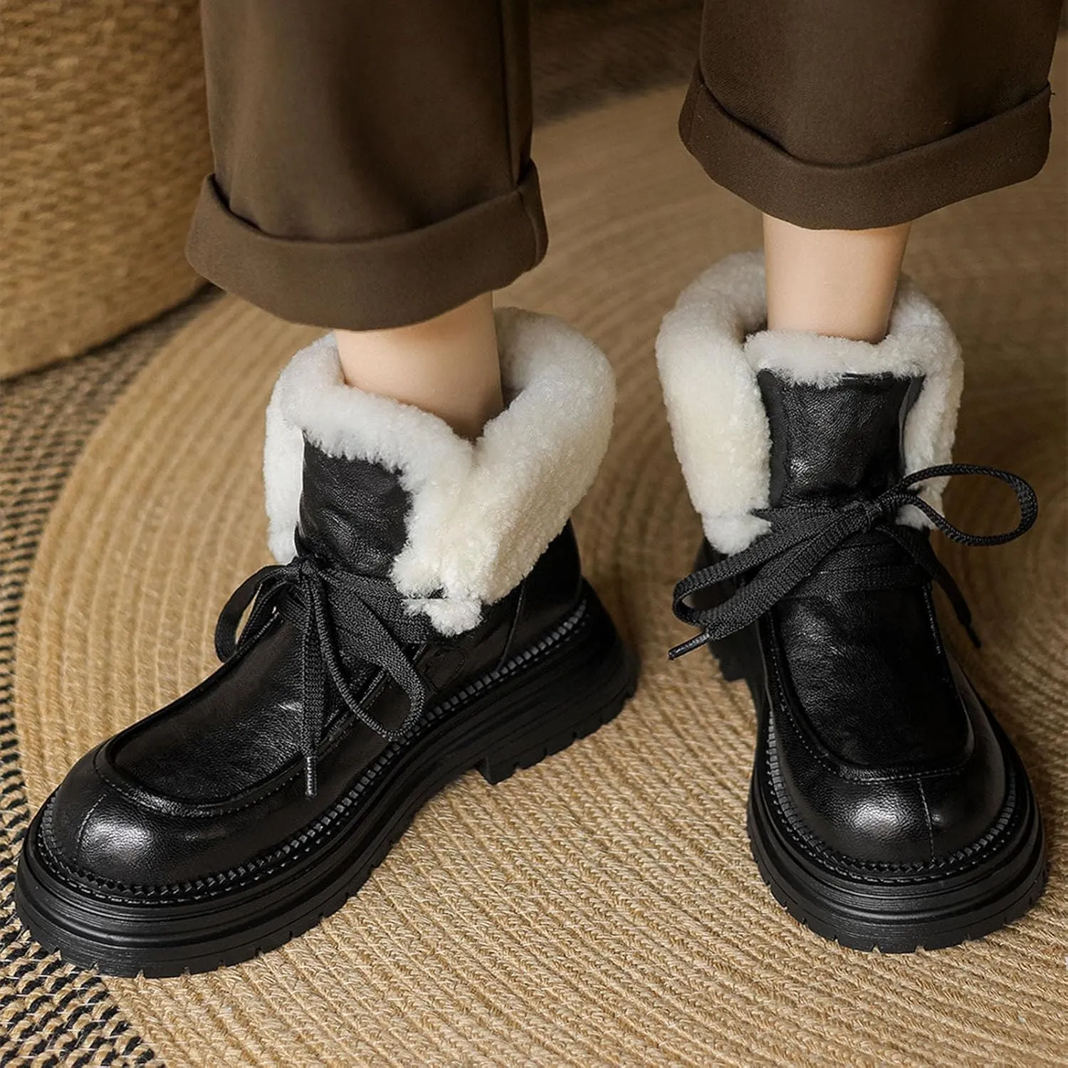 Thick-Soled Lace-Up Snow Boots, Short Plush Lining Raw Edge Warm Short Boots Leather Shiny Stitching Rubber Sole Straight Boots Waterproof and Non Slip Winter Boots