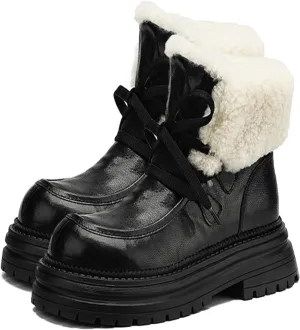 Thick-Soled Lace-Up Snow Boots, Short Plush Lining Raw Edge Warm Short Boots Leather Shiny Stitching Rubber Sole Straight Boots Waterproof and Non Slip Winter Boots