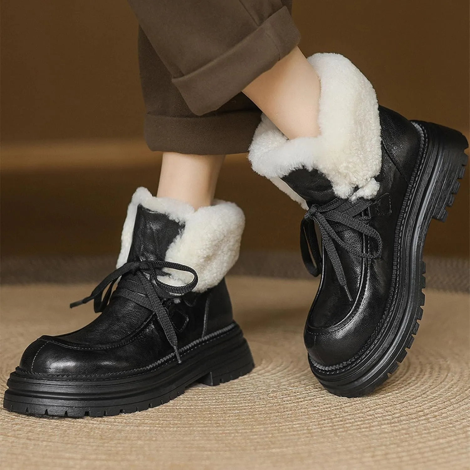 Thick-Soled Lace-Up Snow Boots, Short Plush Lining Raw Edge Warm Short Boots Leather Shiny Stitching Rubber Sole Straight Boots Waterproof and Non Slip Winter Boots