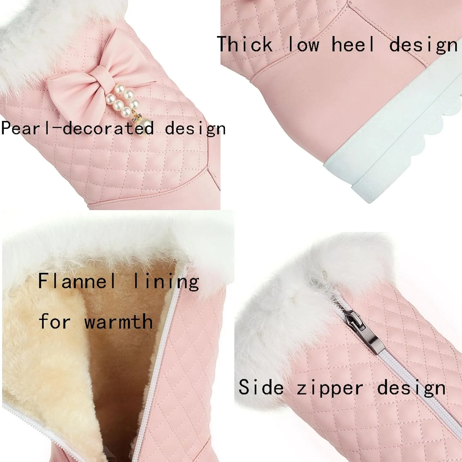 Thick Soled Zip Up Snow Boots, Fleece Lined Raw Edge Warm Short Boots Waterproof and Non Slip Winter Boots for Women Bow and Pearl Embellished Boots