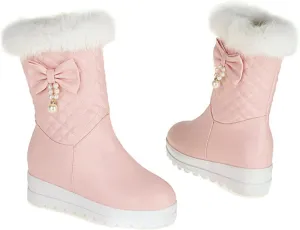 Thick Soled Zip Up Snow Boots, Fleece Lined Raw Edge Warm Short Boots Waterproof and Non Slip Winter Boots for Women Bow and Pearl Embellished Boots