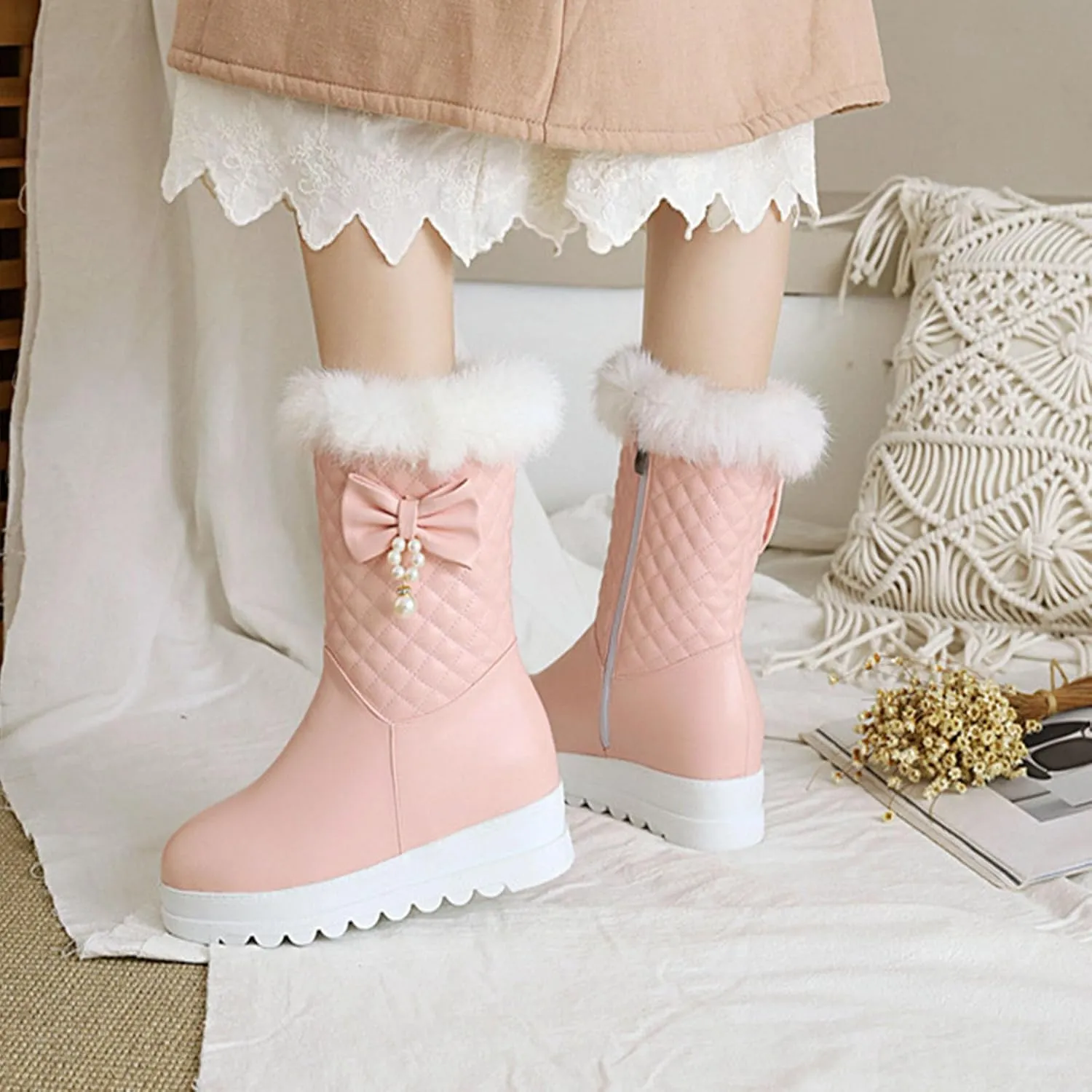 Thick Soled Zip Up Snow Boots, Fleece Lined Raw Edge Warm Short Boots Waterproof and Non Slip Winter Boots for Women Bow and Pearl Embellished Boots